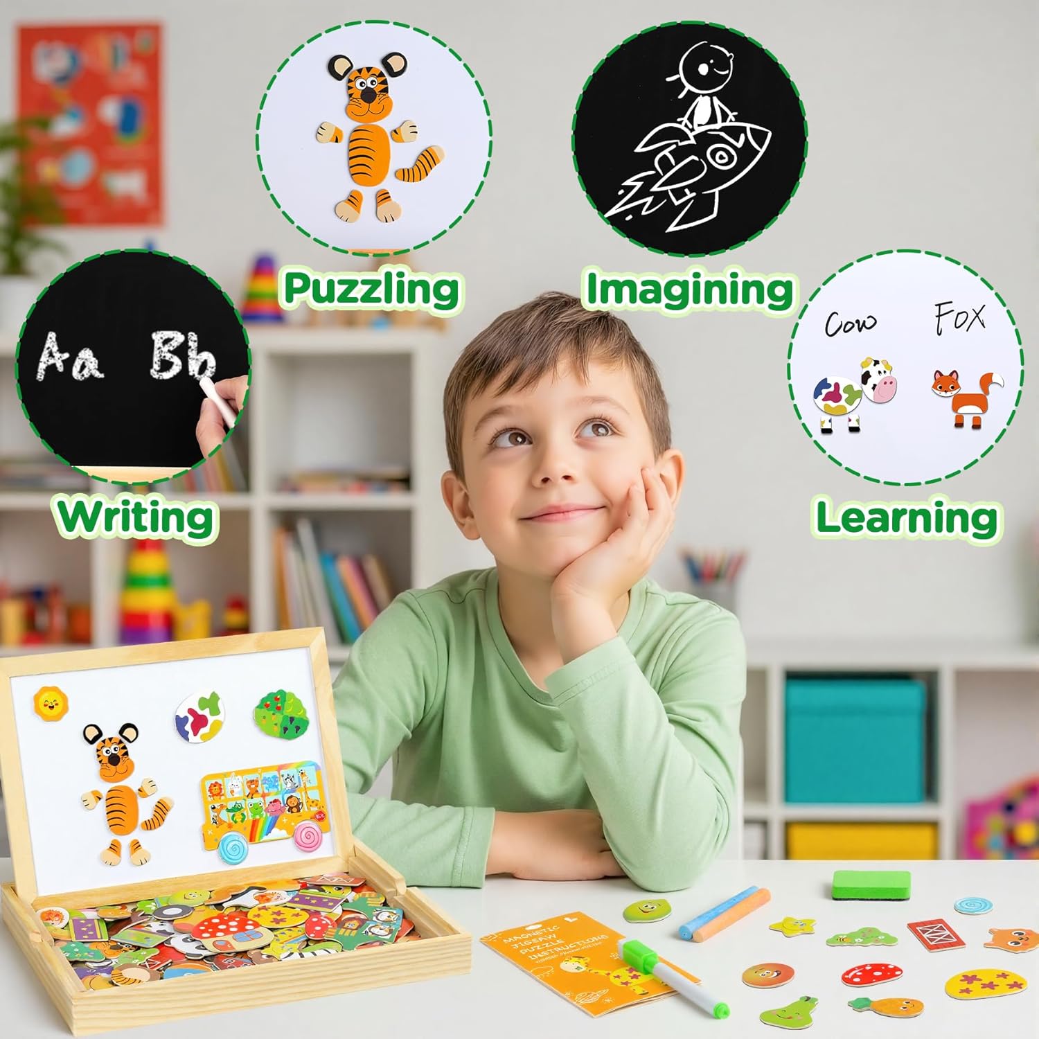 Thumbnail 2 de Jojoin 130 PCS Wooden Magnetic Puzzle Double-Sided Magnetic Drawing Board (Cute Animal, Fruit & Bus Design)