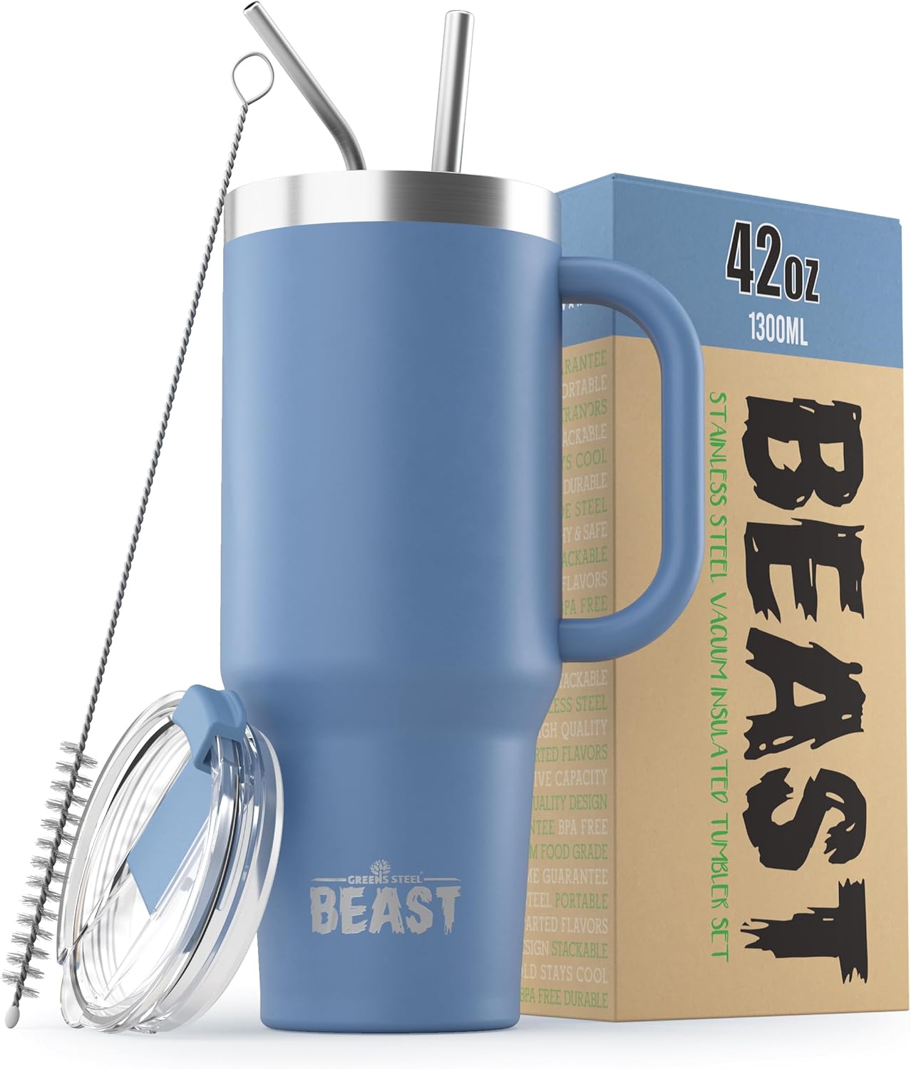 Detalle de Beast Tumbler with Handle - 1300 ml (42 oz), Stormy Sky – Premium Stainless Steel Vacuum Insulated Cup