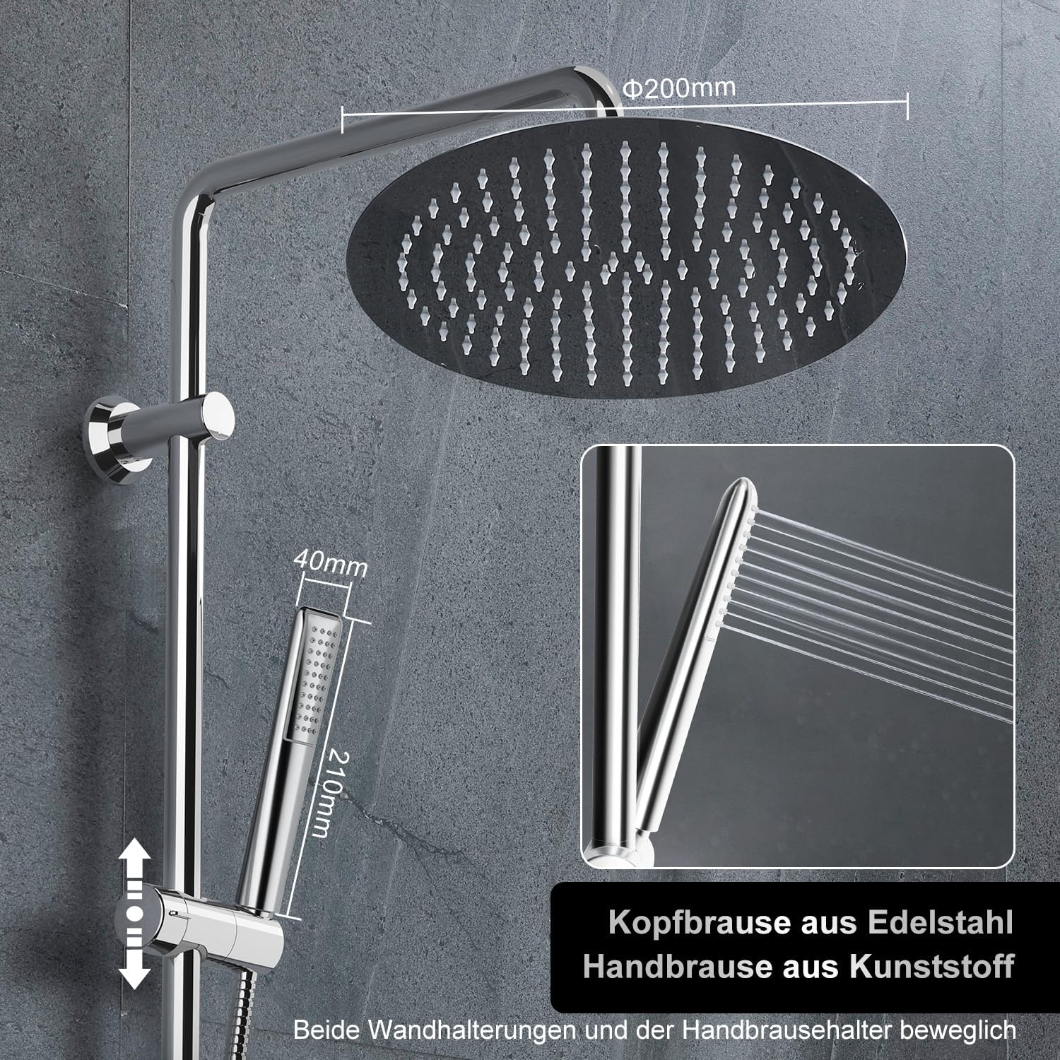 Thumbnail 2 de Colonna doccia Görbach in acciaio inox – senza miscelatore, asta 92 cm, soffione pioggia 20 cm