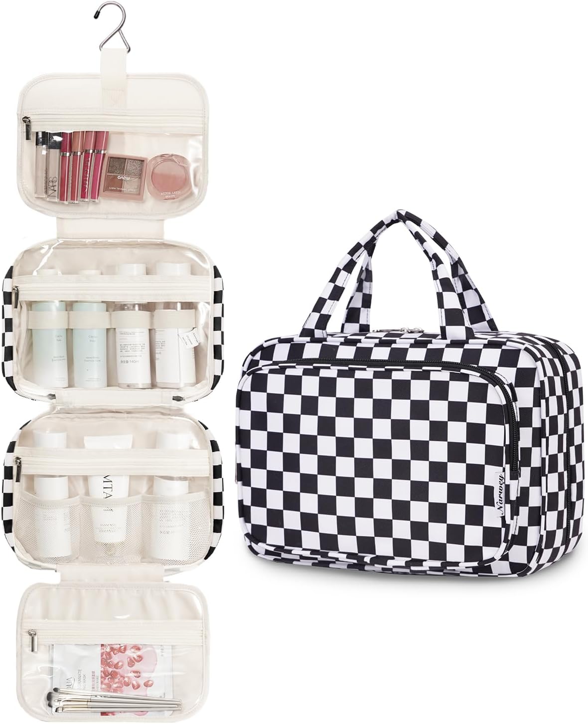 Detalle de Narwey Large Checkered Hanging Toiletry Bag (Light, large) with multiple compartments