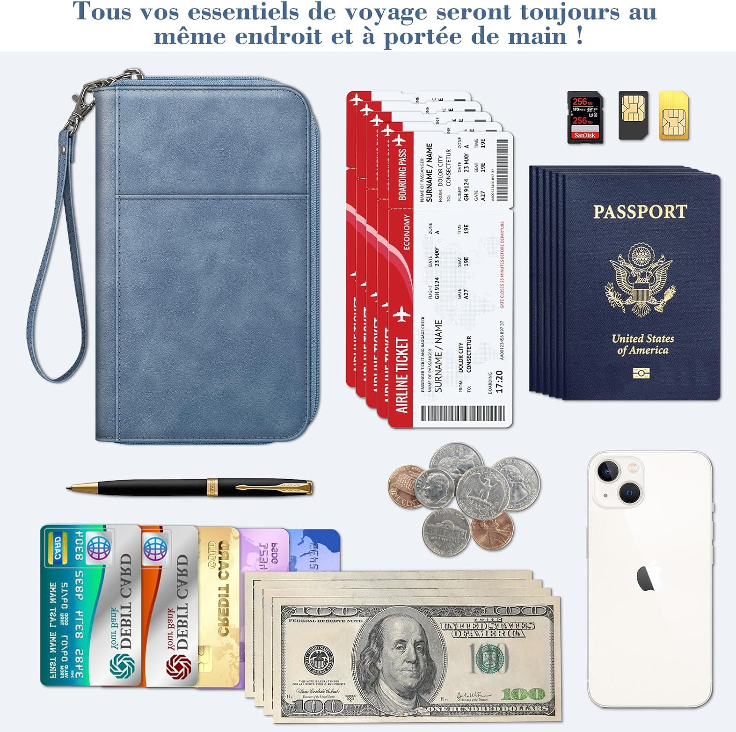 Thumbnail 2 de FINTIE Portefeuille passeport familial avec blocage RFID et 5 emplacements pour passeports (bleu)