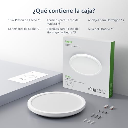 Thumbnail 9 de Lepro Pláfon LED de techo para cocina y baño, blanco frío 5000K, 18W y 1800 lm, IP44 ultrafino (Ø22 cm)