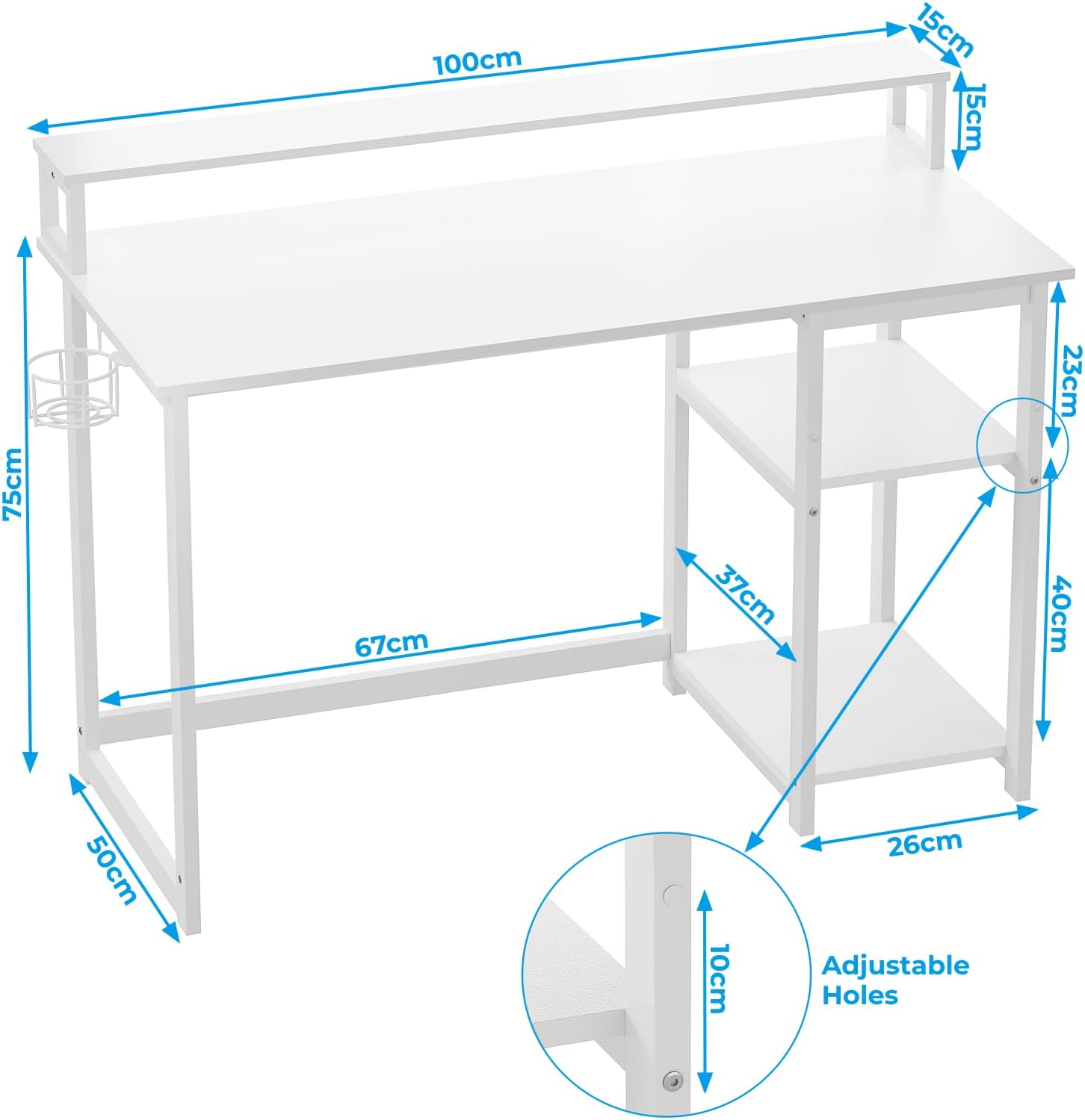 Thumbnail 2 de GreenForest computer desk with full monitor stand, 100 cm home office setup in full white
