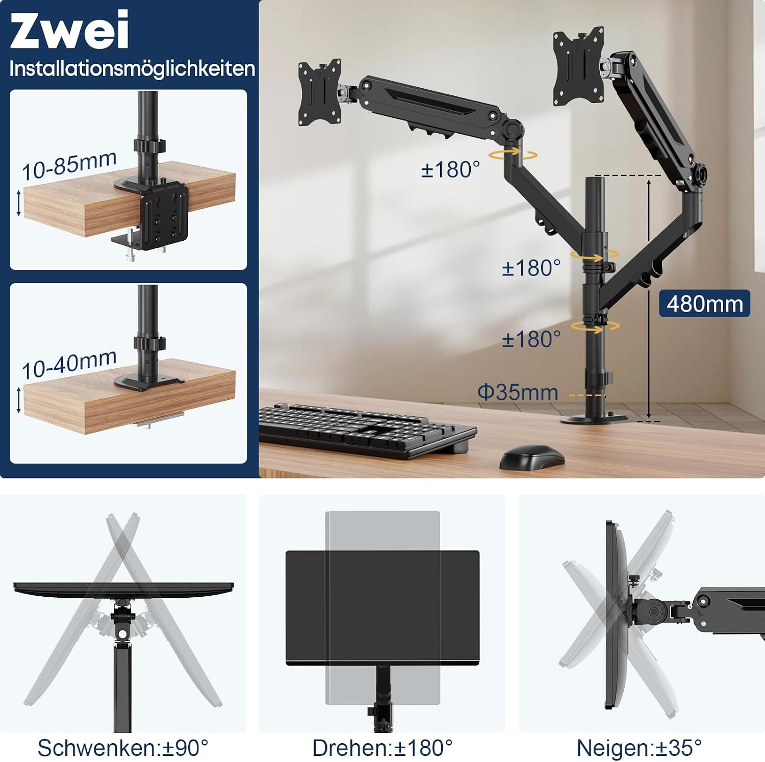 Detalle 2 de STANDOPIA Monitor Halterung 2 Monitore für 17–40 Zoll (bis 12 kg), VESA 75/100, vertikal & parallel