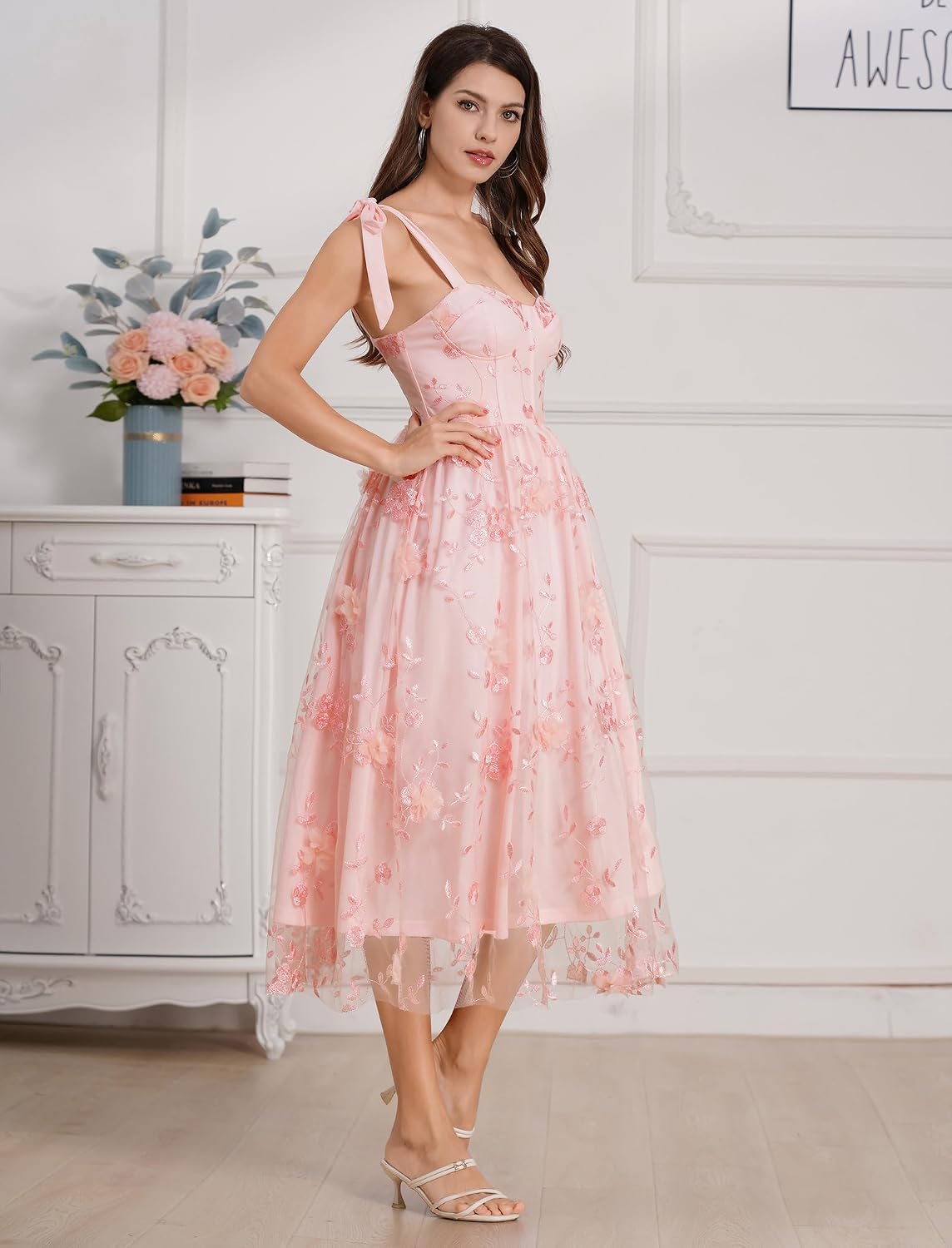 Detalle de OMEWEE Corset Midi Dress with Floral Bustier Detail – Spaghetti Strap Floral Wedding Guest Dress