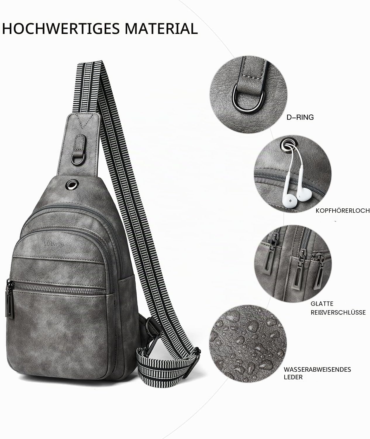 Detalle de LATMAP 7L Damen Bauchtasche Sling Bag – Crossbody, PU-Leder, 7 Liter, verstellbarer Trageriemen