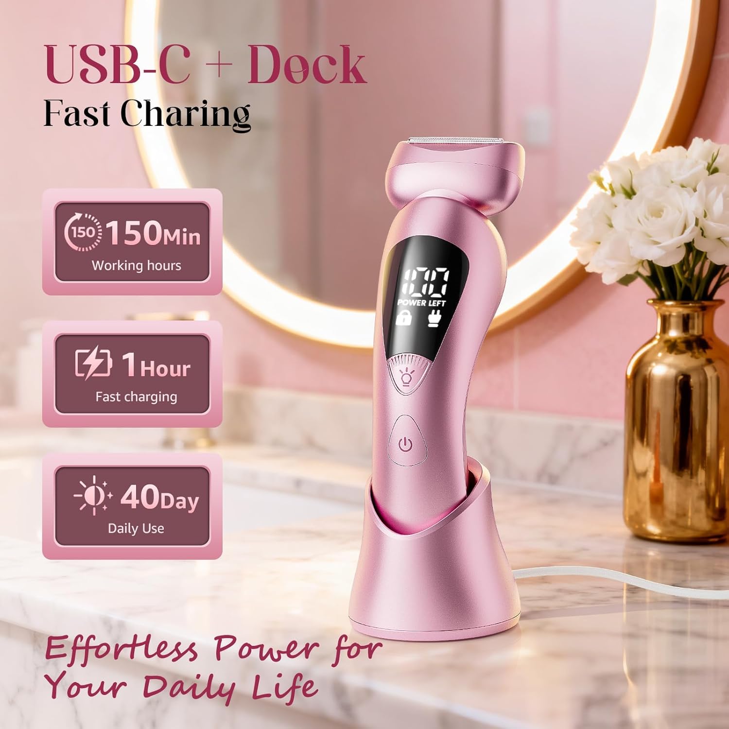 Thumbnail 4 de rategist Lady Cordless Electric Razors for Women (Rechargeable Bikini Trimmer) — IPX7 Waterproof, LED Display, Light Pink