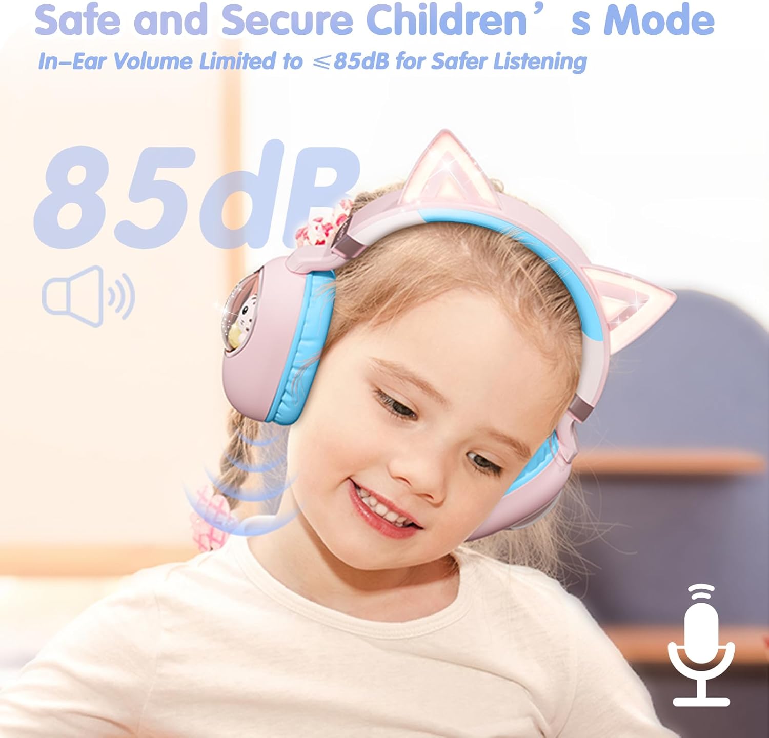 Detalle de Kinder Kopfhörer mit Katzenohren – Bluetooth 5.4, LED-Beleuchtung & 85 dB Kindermodus