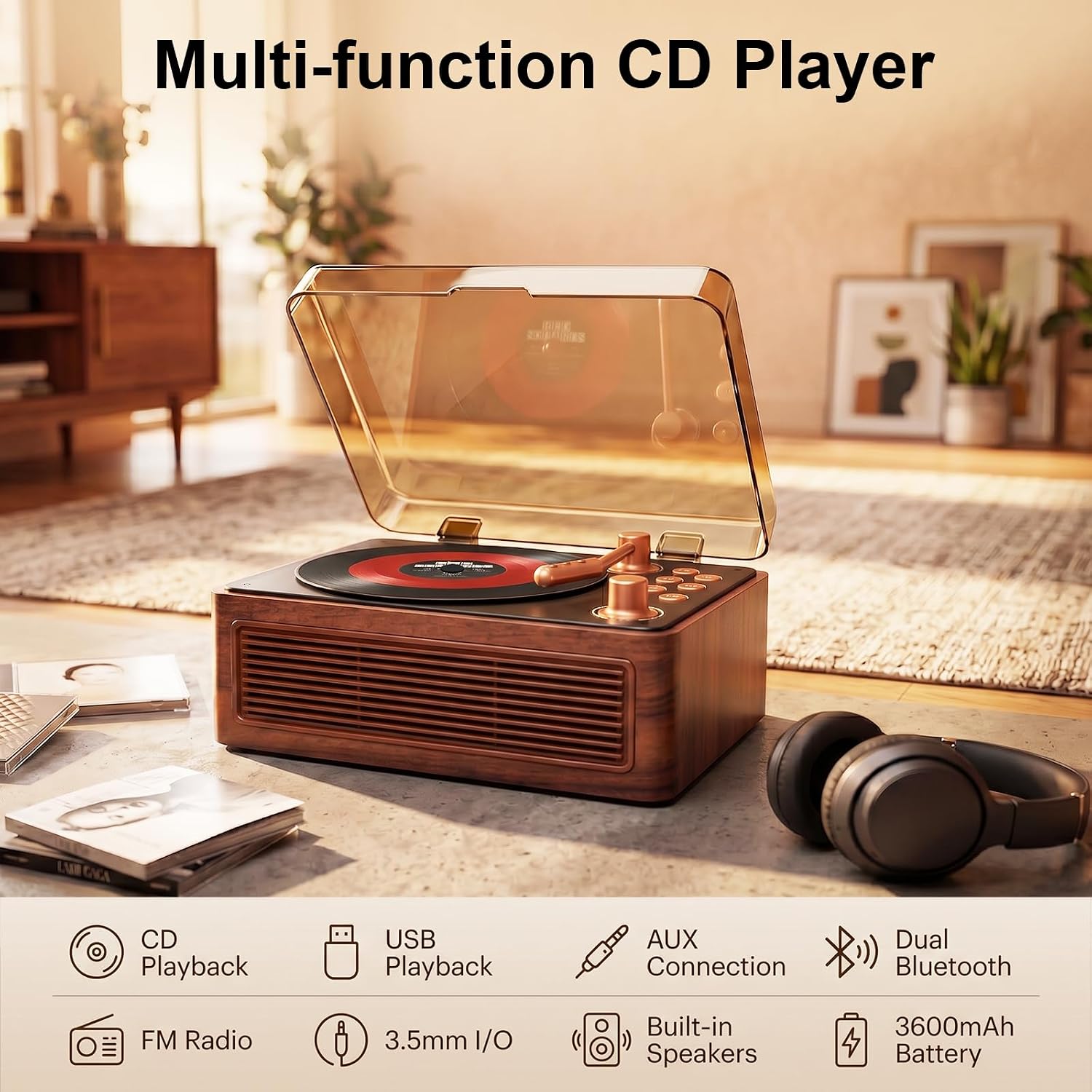 Detalle 2 de Gueray Lecteur CD Bluetooth Portable avec Haut-Parleurs — Design Vintage Bois de Noyer, 3600mAh