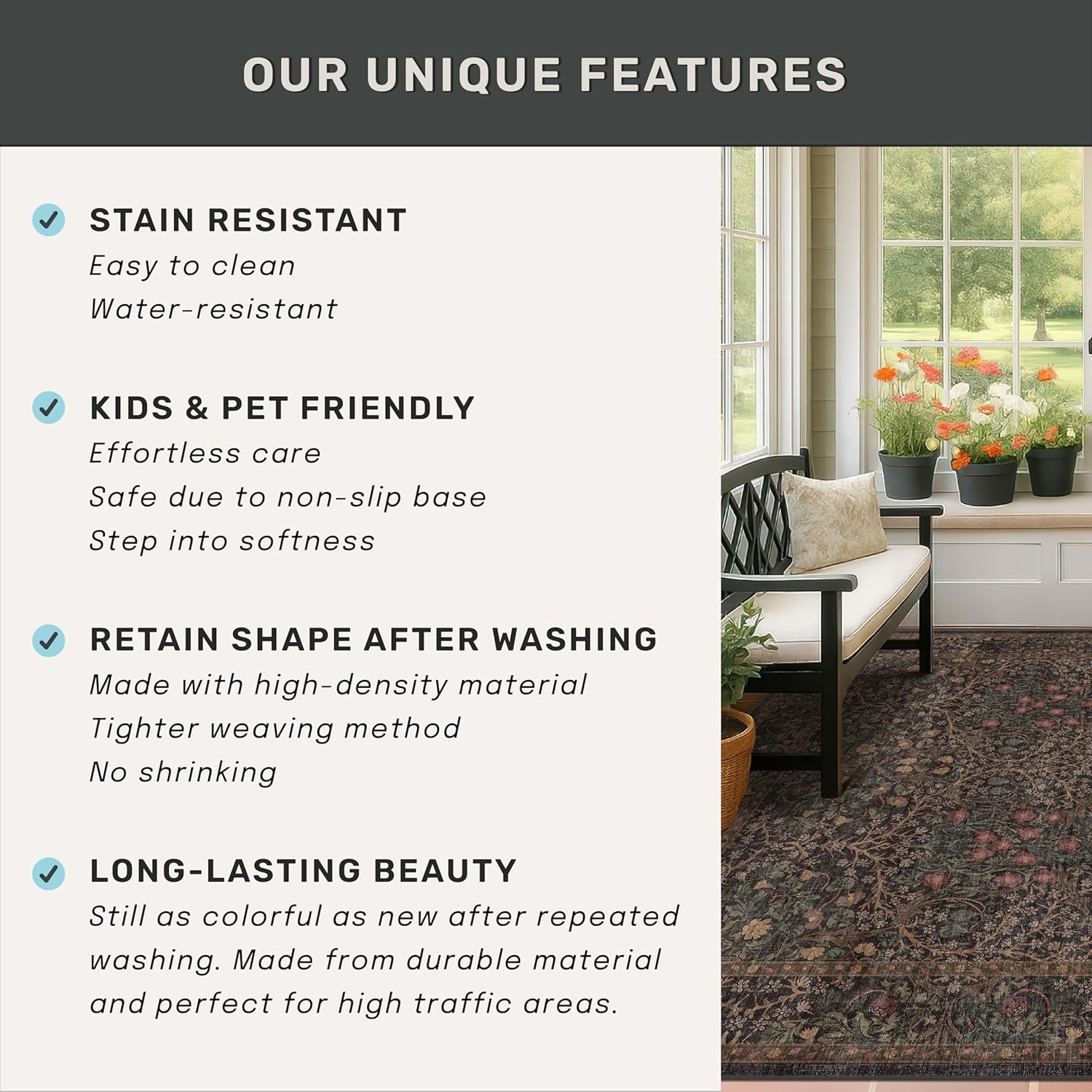 Thumbnail 5 de Hazo Haus RUG 002 Dark Brown 2' x 4' Washable Low-Pile Floral Runner