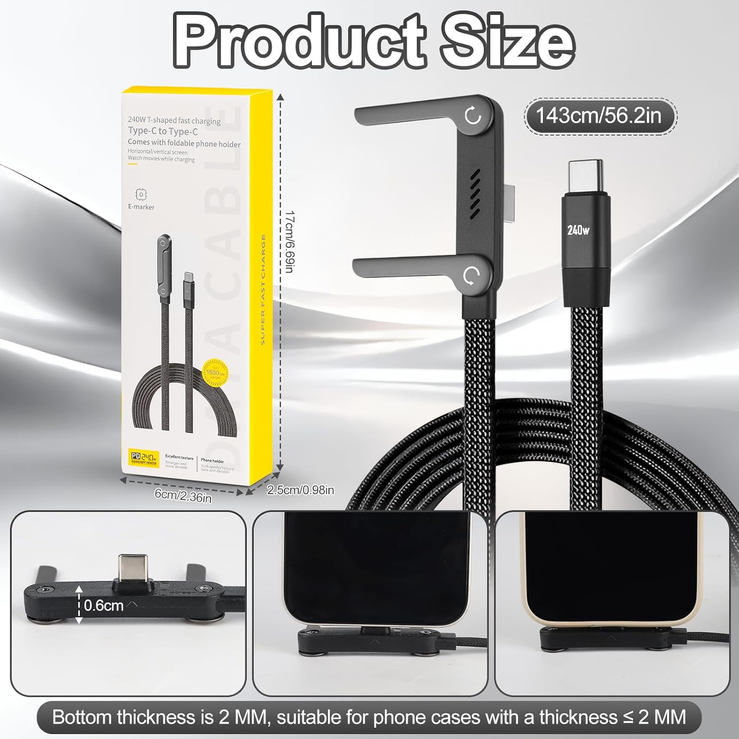 Thumbnail 1 de Noaya 2-in-1 Invisible Stand Charging Cable (240W) USB-C to USB-C with foldable stand – 1.5m braided cable