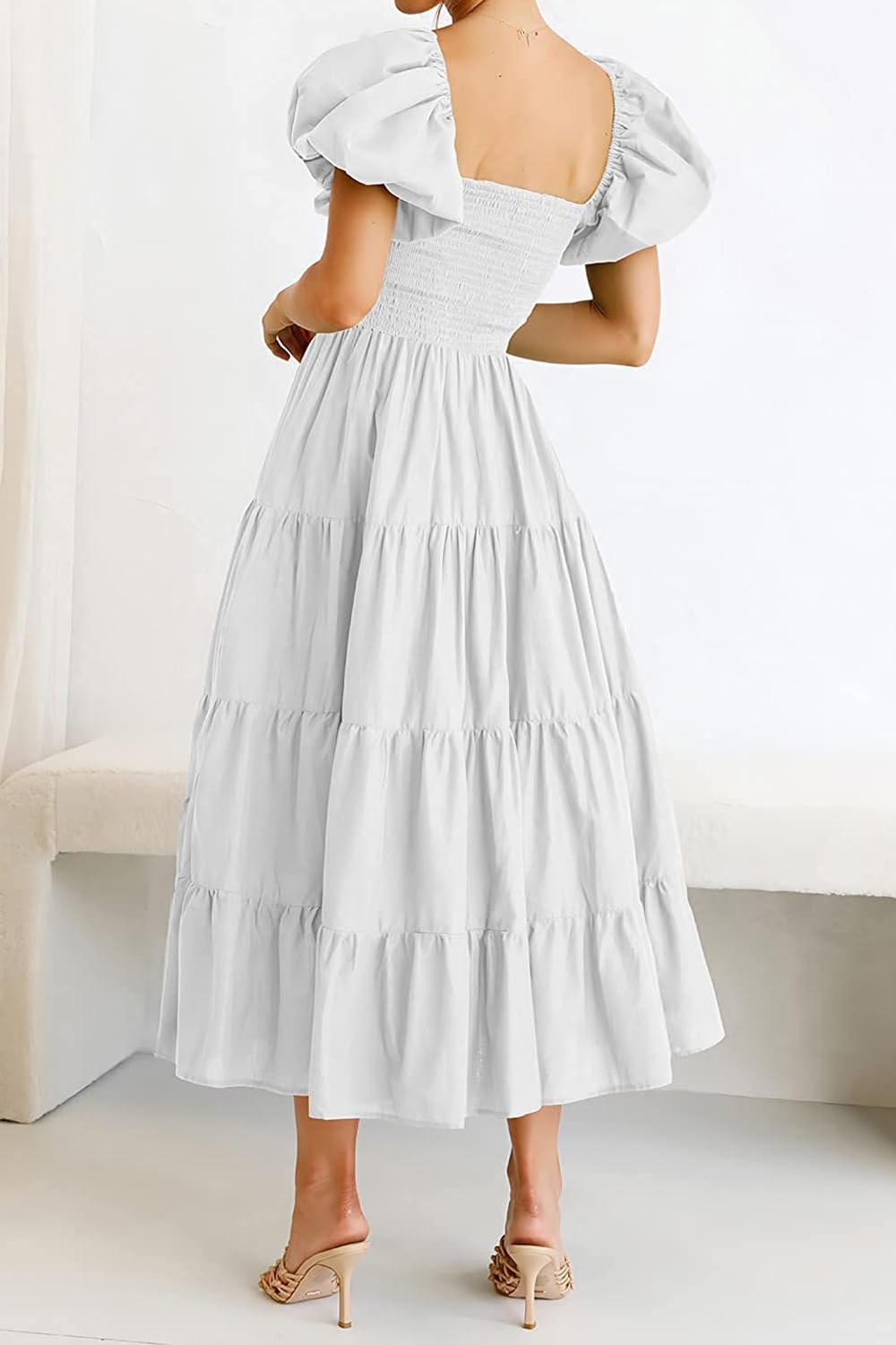 Detalle de Vcindai Damen A-Linie Kleid – Sommer Midi mit Puffärmeln