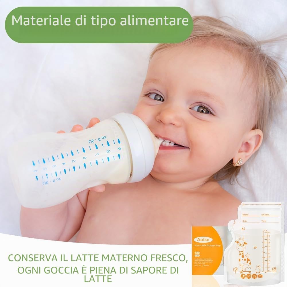 Thumbnail 5 de Sacchetti conservazione latte materno Aolso, 130 pezzi, 250 ml – senza BPA, scala di volume e base autopportante