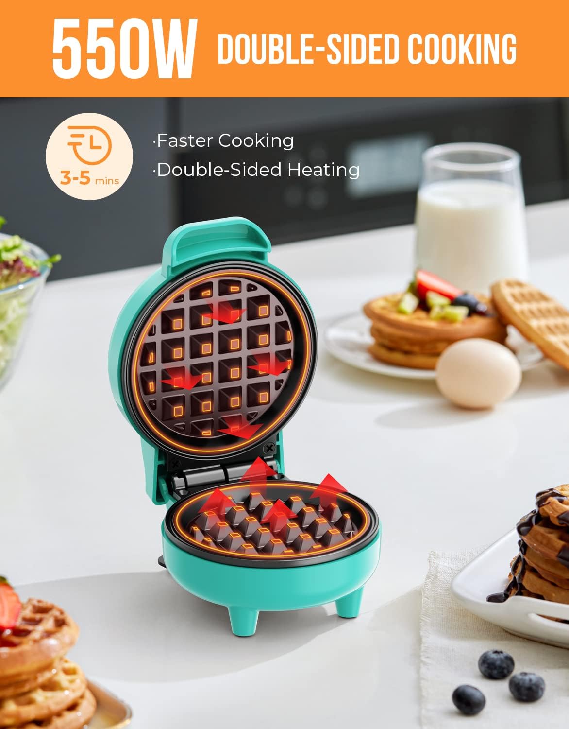 Detalle de Waffle Maker Mini Small Compact Design by BLAZANT: 4-inch, 550W, Nonstick for Breakfast and Snacks