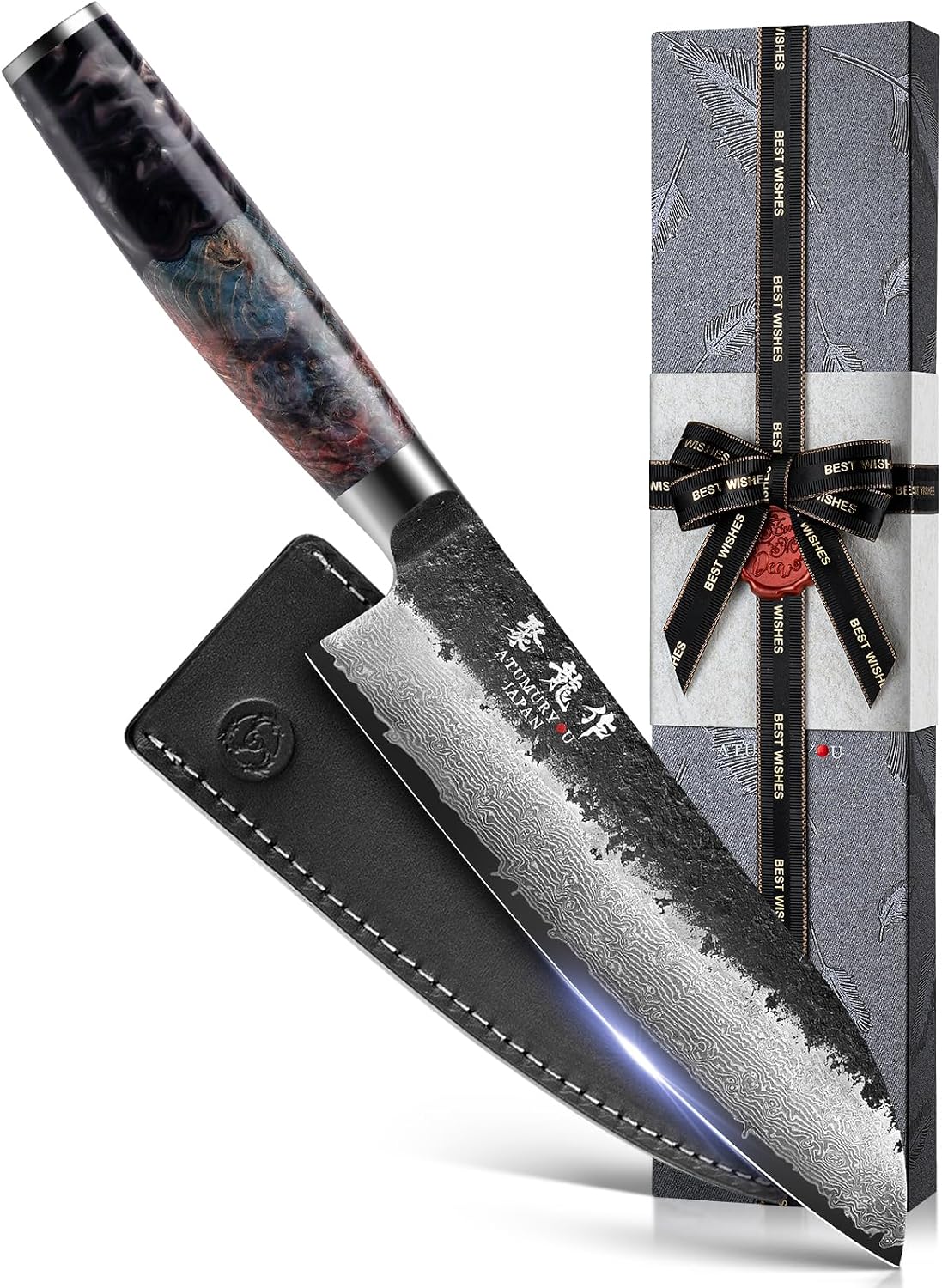 Detalle de Atumuryou 7-Inch Santoku Knife, 67-Layer VG10 Damascus Steel
