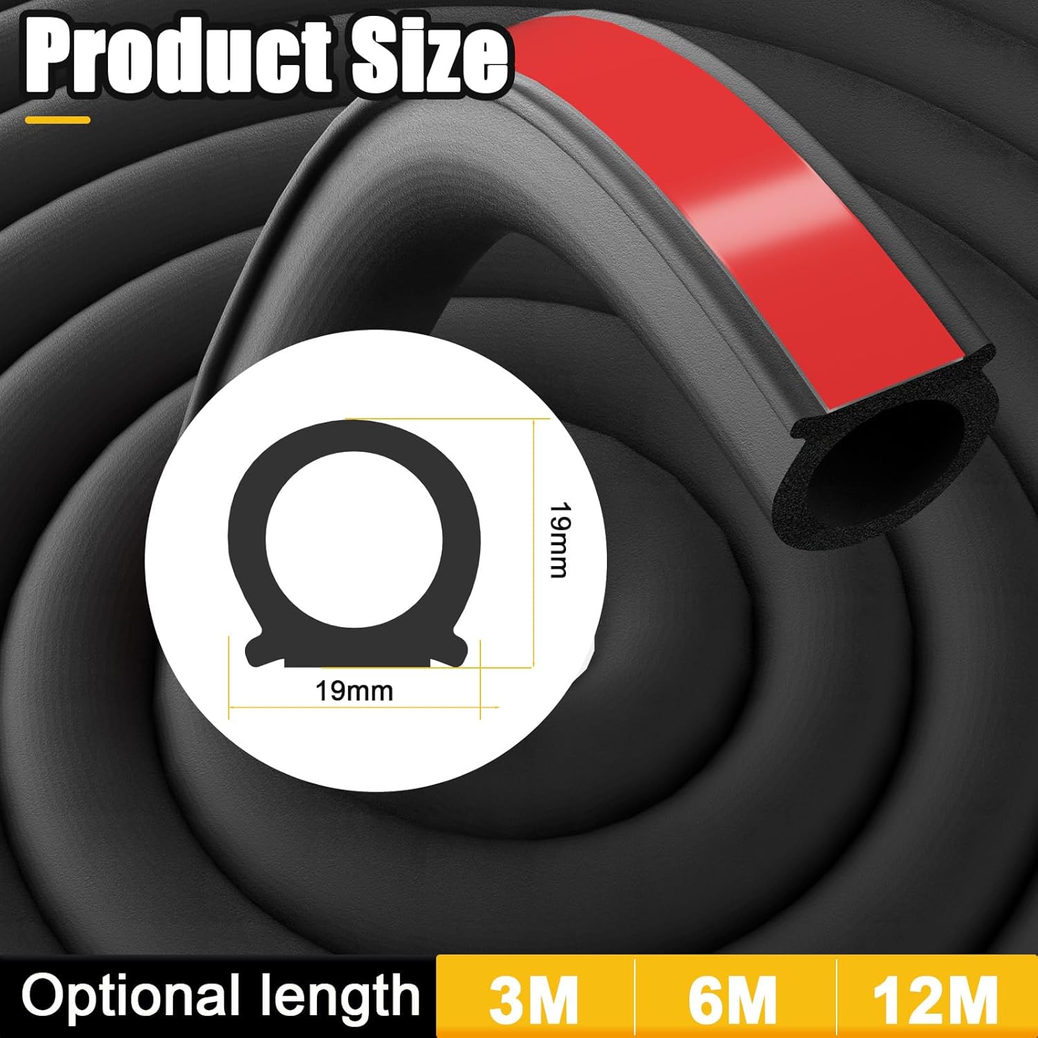Detalle de Symyda 19x19mm D-Shape Car Door Weather Stripping Seal – Universal Self-Adhesive EPDM Rubber (6.1m / 20ft)