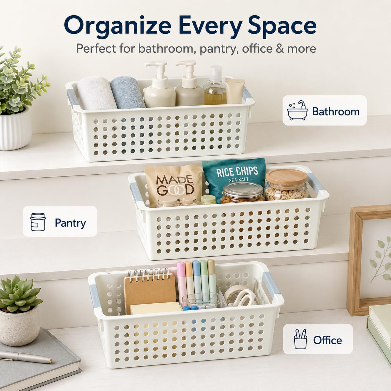 Detalle 2 de Basicwise QI003238 Set of 6 Plastic Storage Baskets, Ivory, 12" x 5" x 5