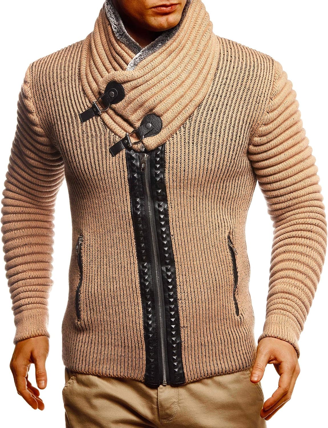 Detalle de Leif Nelson LN5165 pour hommes – cardigan veste/pull en maille style hoodie biker matelassé