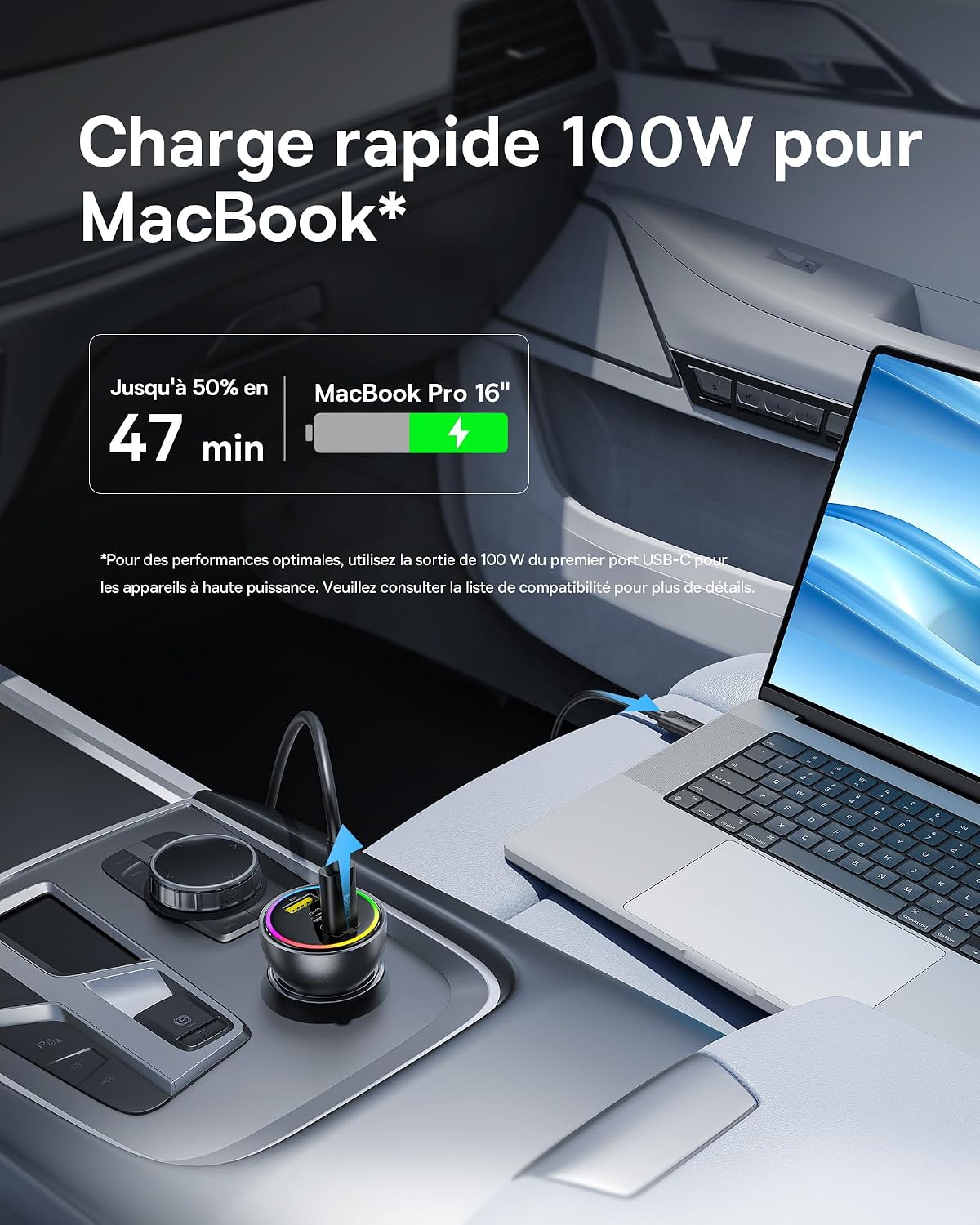 Detalle de Baseus 152,5W Allume-Cigare USB-C à 3 Ports RGB et câble 100W – Charge rapide pour MacBook, iPhone et plus