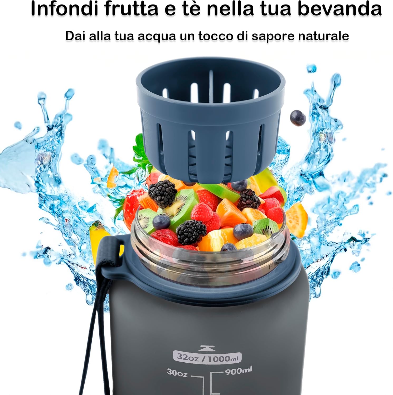 Detalle 2 de Otto Koning Borraccia 1 Litro – Borraccia Palestra Antigoccia, BPA Free, Apertura con Pulsante e Spazzola Inclusa