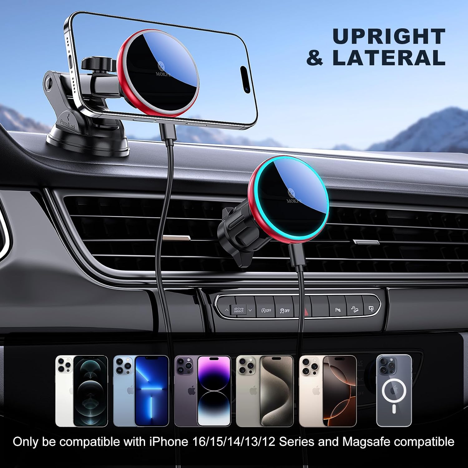 Detalle de MOKPR 15W Support Téléphone Voiture Magnétique — Charge rapide et fixation fiable pour iPhone 12 à 17 (rouge)