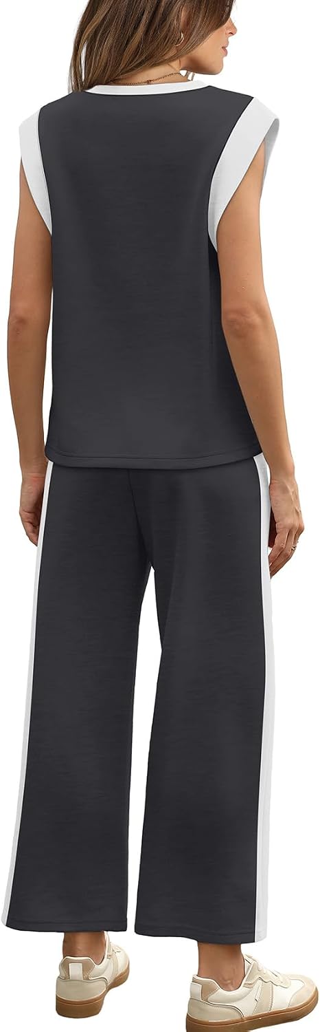 Detalle de WIHOLL Two-Piece Lounge Set for Women (Cap Sleeve Top + Side Slit Wide-Leg Pants), S-3XL