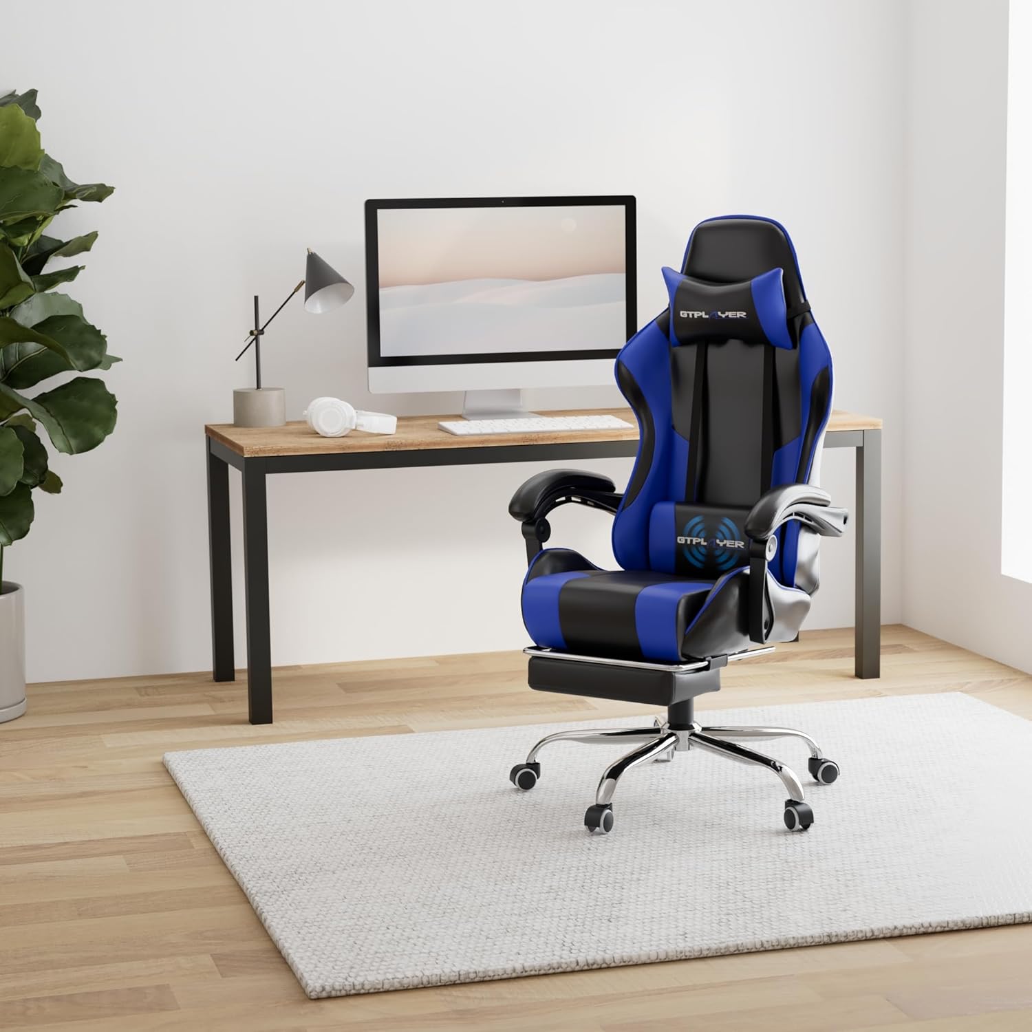 Thumbnail 1 de GTPLAYER Sedia da Gaming Ergonomica con massaggiatore sul poggiapiedi e supporto lombare, schienale reclinabile 90–135°, portata 150 kg (Blu)