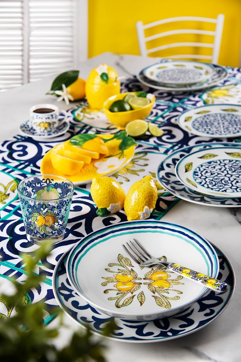 Detalle 2 de Excelsa Amalfi – porcelanowy zestaw obiadowy, 18 sztuk, niebiesko-żółty