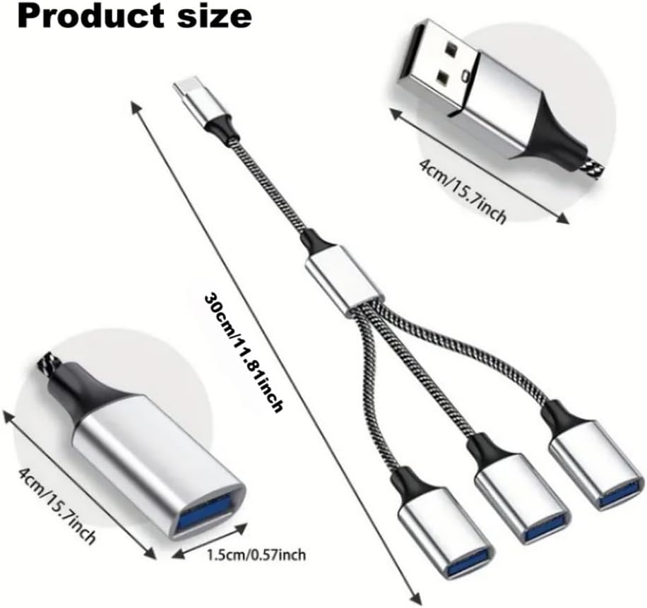 Detalle 2 de USB Splitter with 3 Ports – 1-in-3-Out USB Male to Three Female Extension Hub with Braided Cable