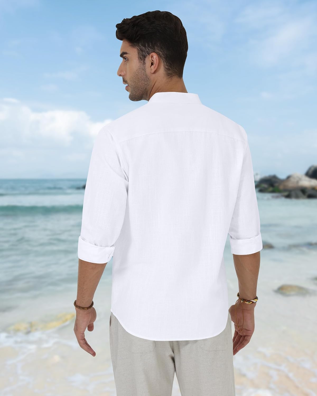 Thumbnail 3 de Siliteelon Men's Grandad Collar Long Sleeve Linen Shirt with Pocket – Regular Fit