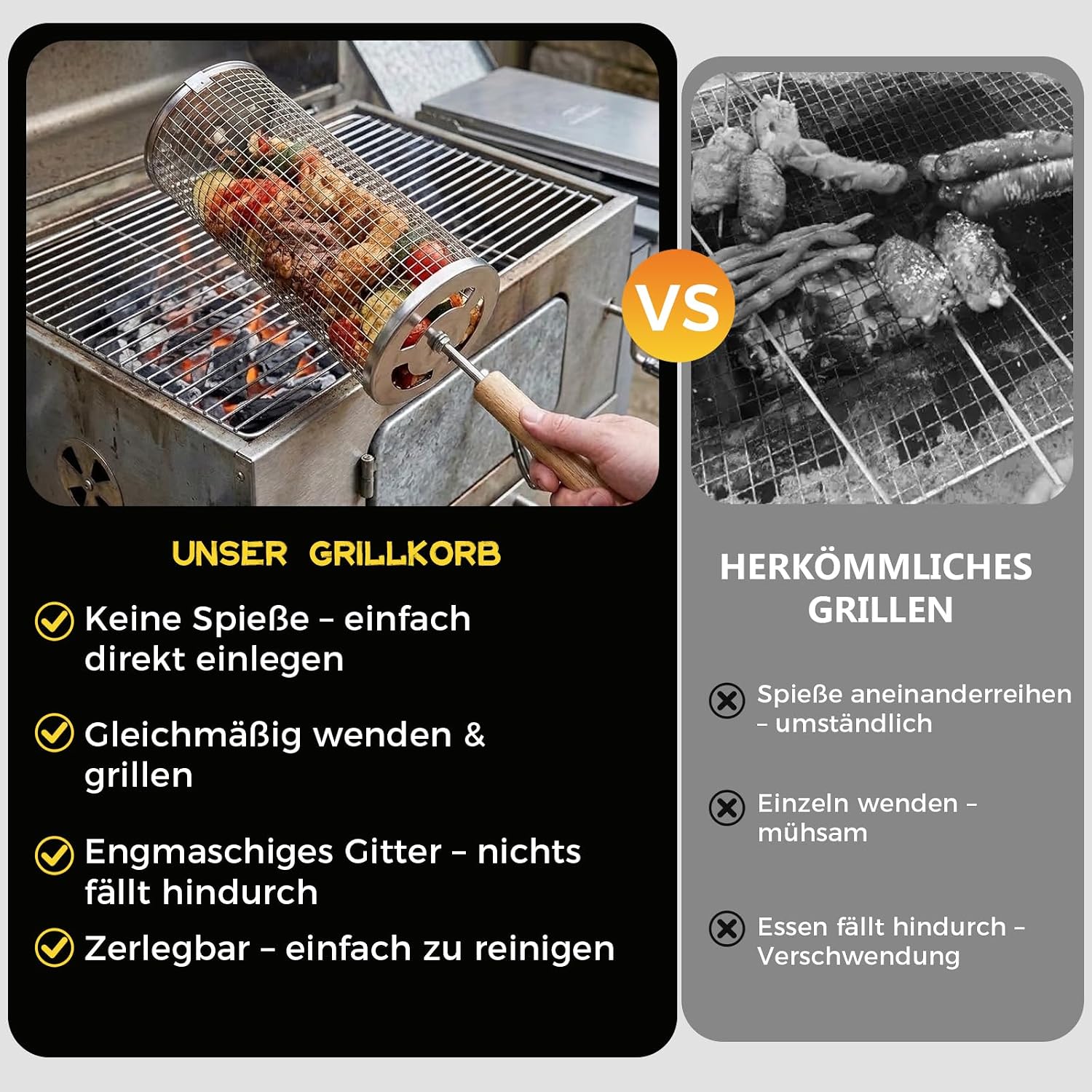 Detalle 2 de Autreykorn Grillkorb 2er Set – Abnehmbarer Holzgriff, Edelstahl 304, inkl. 2 Gabeln