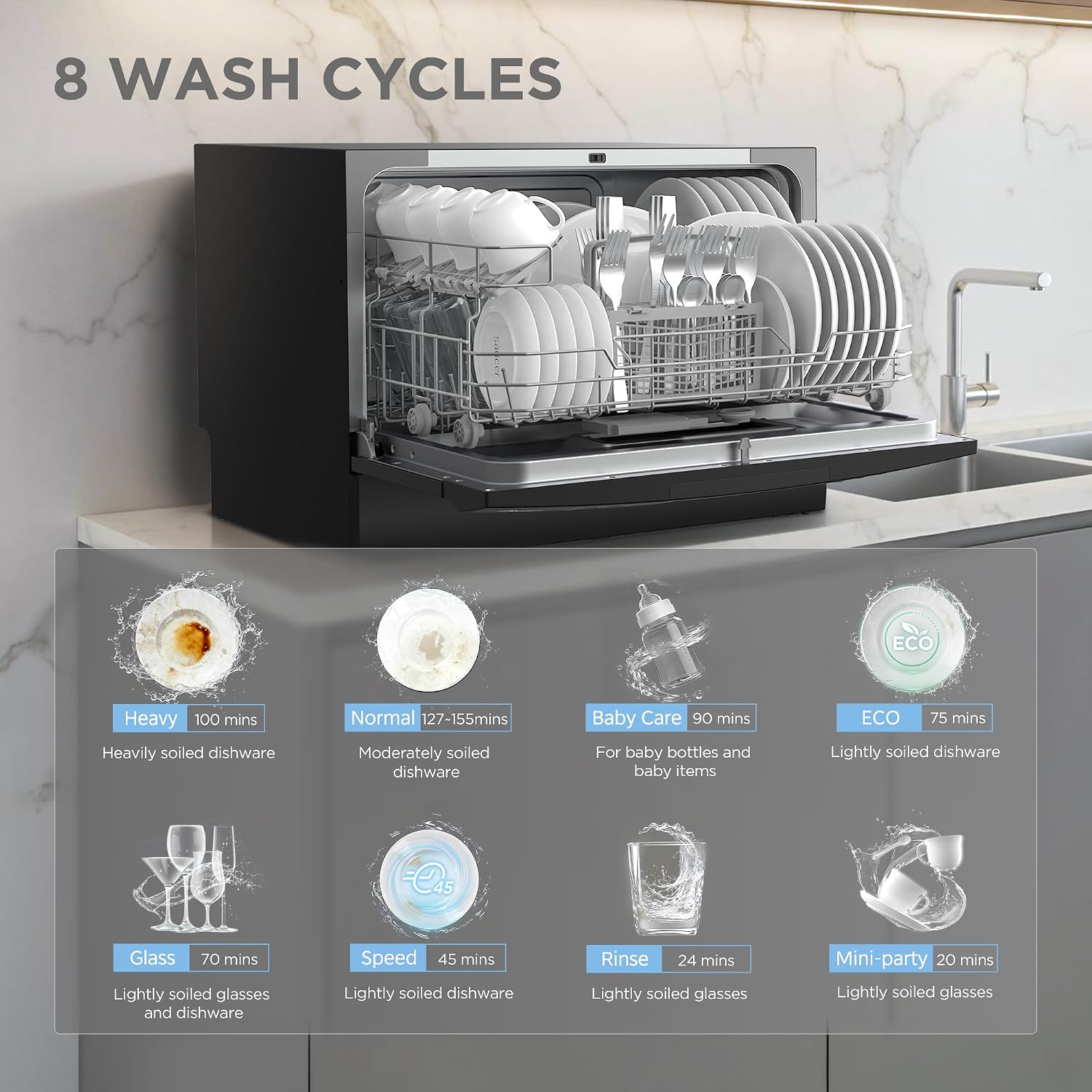 Detalle de COMFEE' CDC22P1BBB Countertop Dishwasher, 6 Place Settings, 8 Cycles, Black