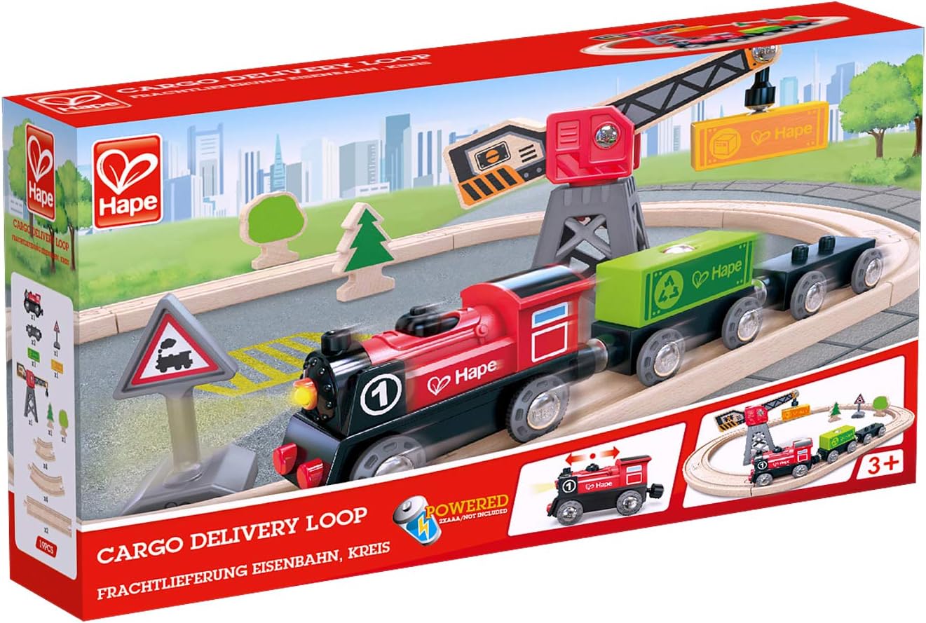 Detalle 1 de Hape Eisenbahnwelt Frachtlieferung-Eisenbahn – Holzeisenbahn-Set mit Lok, Wagons und Zubehör, 19 Teile