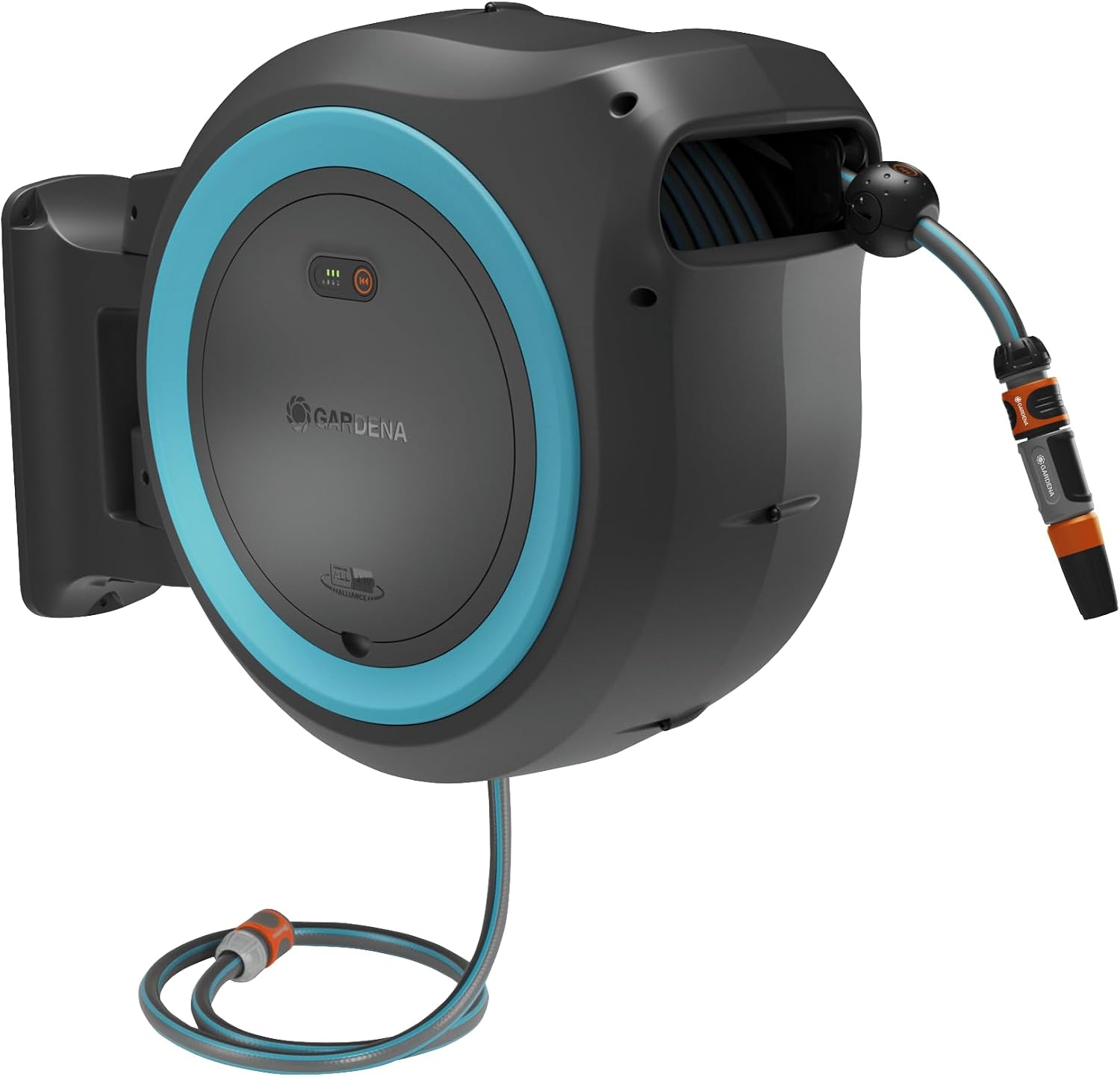 Detalle de Gardena Dévidoir mural PowerRoll XL solo – enroulement automatique sur batterie avec 40 m de tuyau