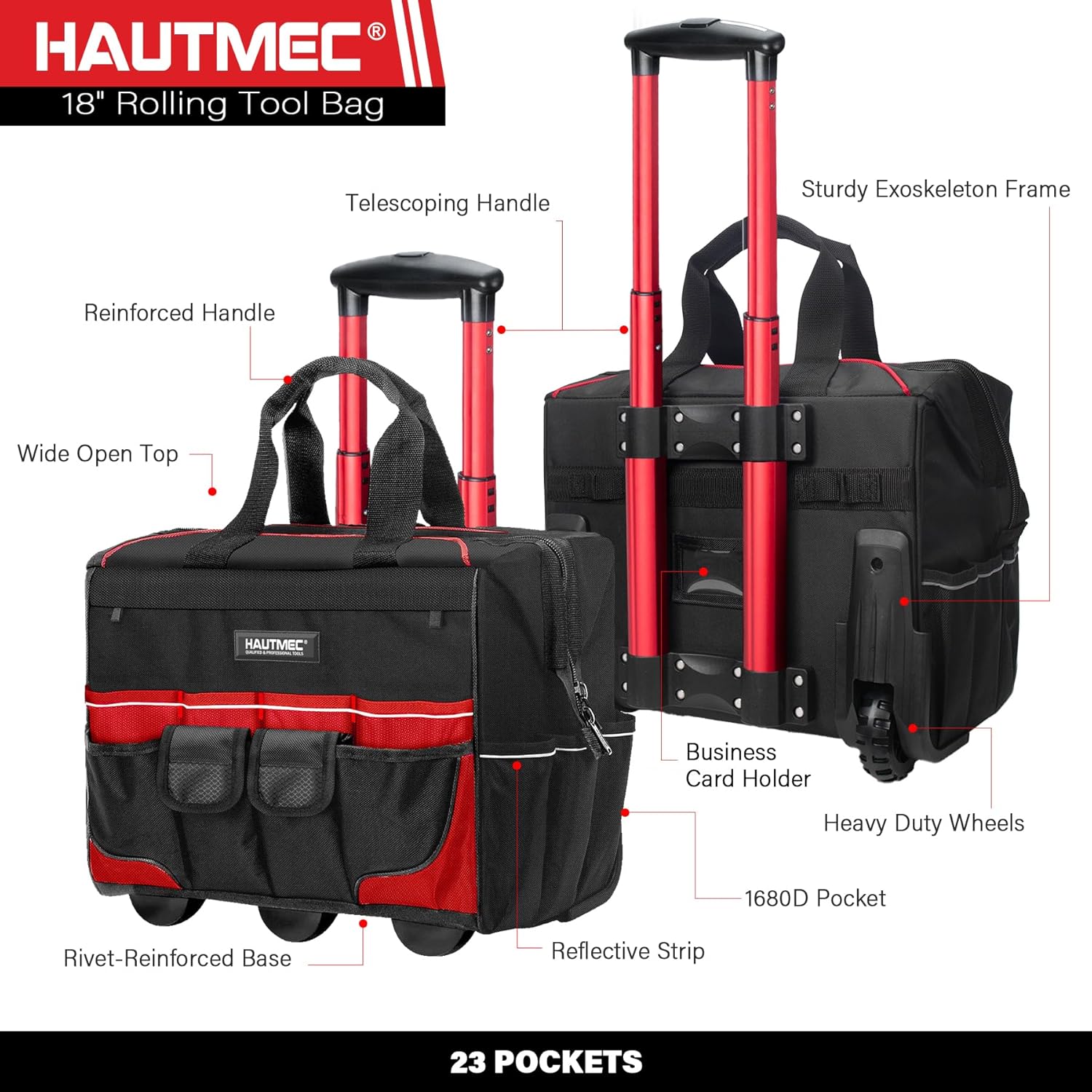 Thumbnail 1 de HAUTMEC 18" Rolling Tool Bag with Wheels (HTTBM25004)