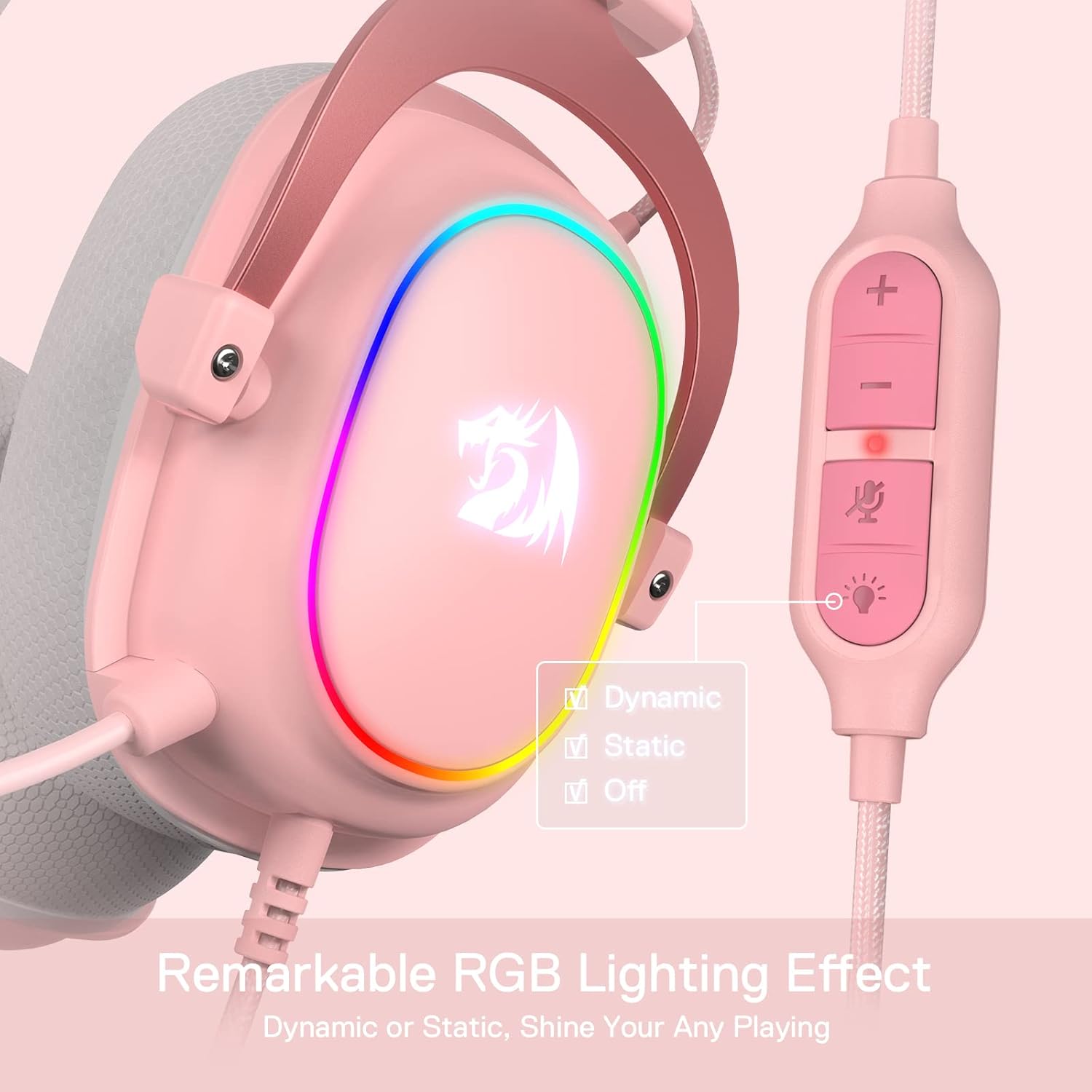 Detalle 2 de Redragon H510 Zeus Gaming-Headset – 7.1 Surround-Sound, 53 mm Treiber, Stoffbezug, RGB, rosa