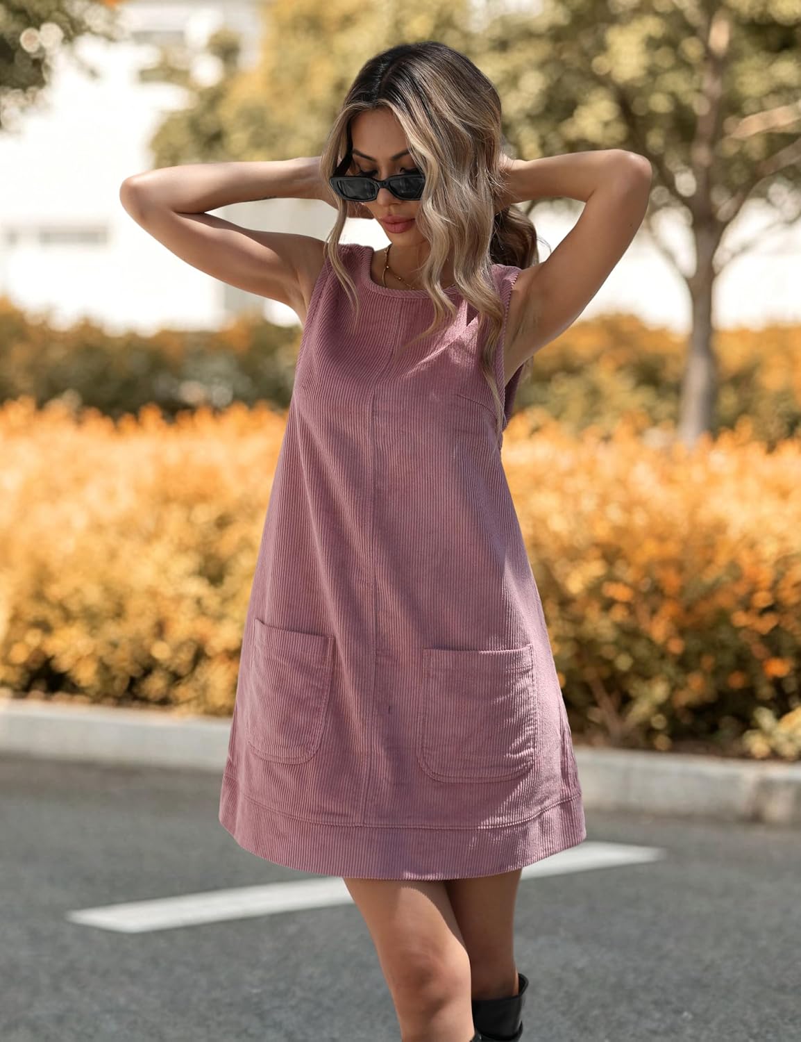 Detalle de Hooever Women's Corduroy Pinafore Mini Dress with Front Pockets