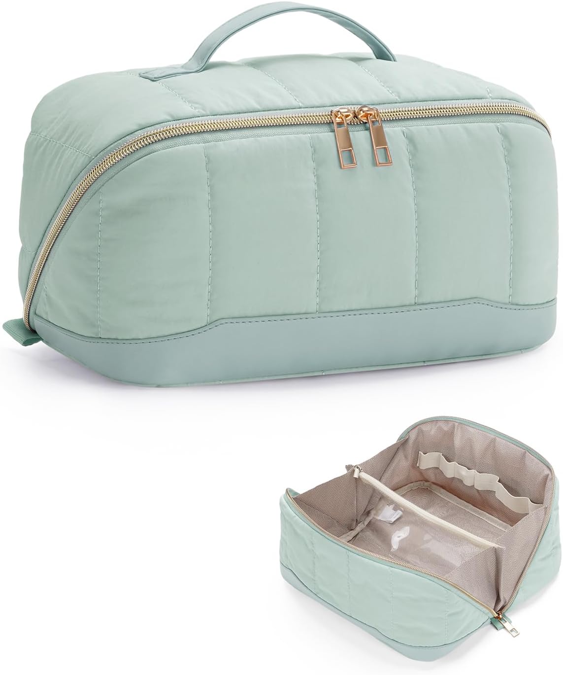 Detalle de Travel Makeup Bag: Large Quilted Cosmetic Organizer with Brush Compartment