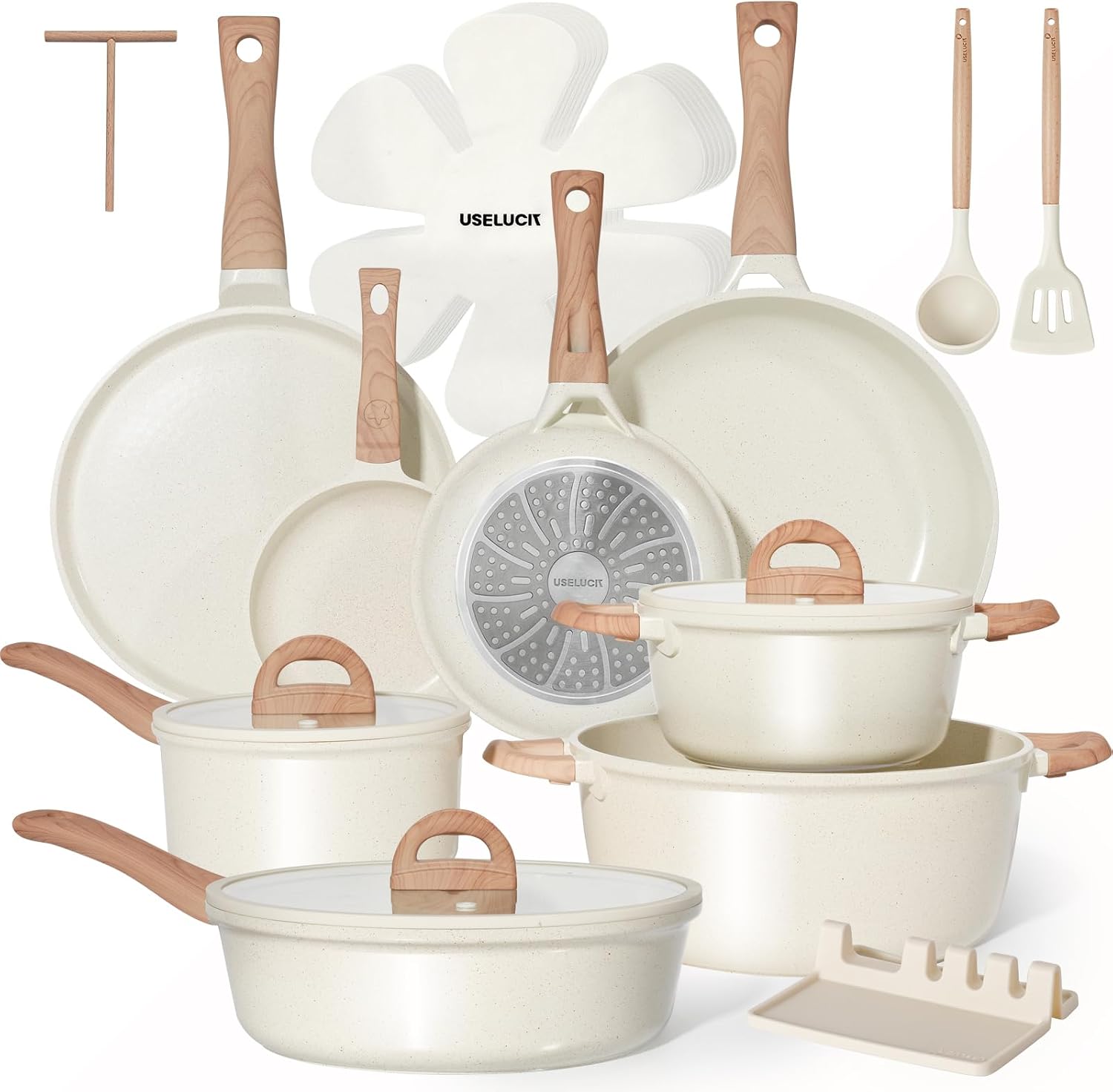 Detalle de Non Stick Ceramic Pots and Pans Set (22-Piece) – Non-Toxic, Induction Compatible, Cream White Granite