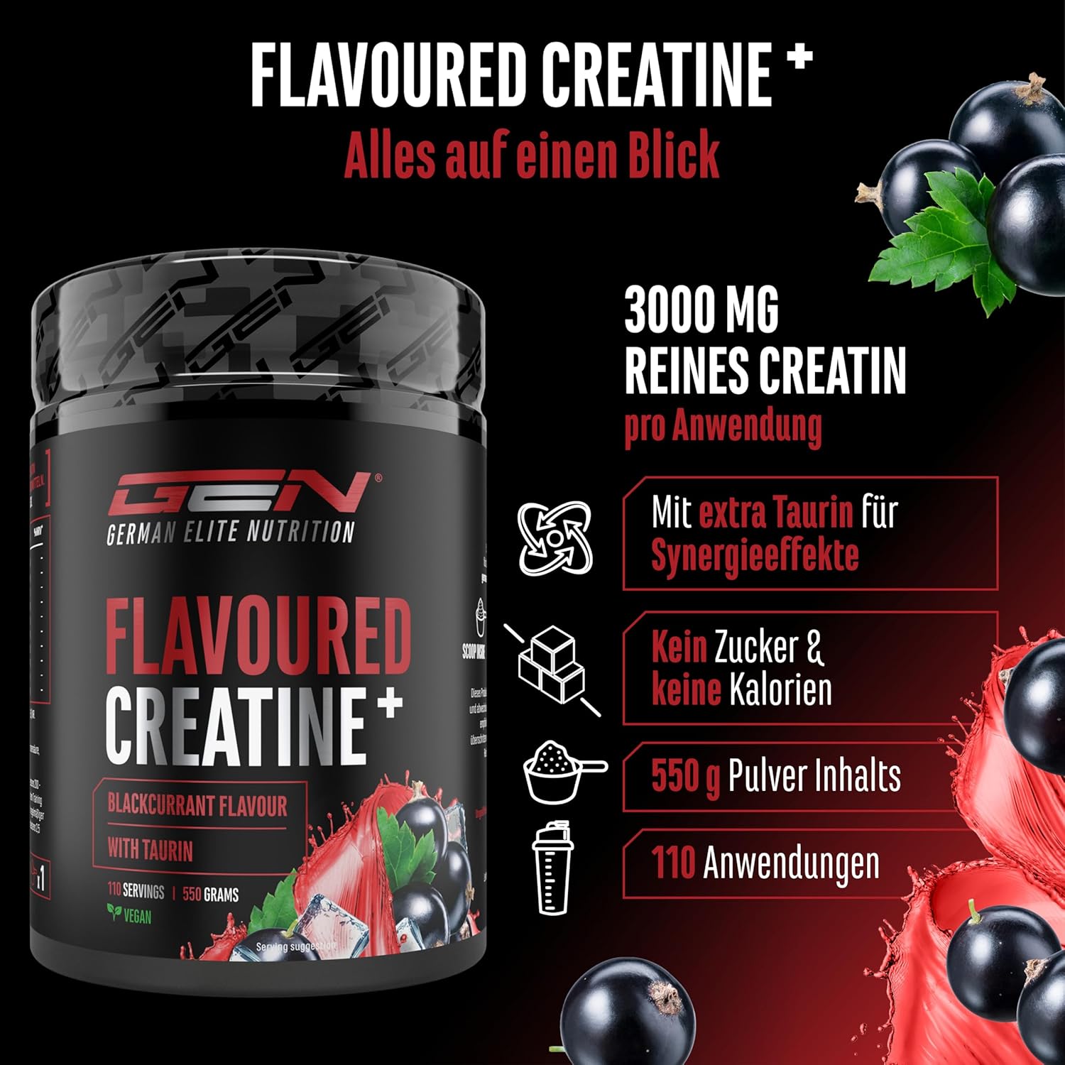 Thumbnail 1 de GEN German Elite Nutrition Flavoured Creatine Pulver (550 g) – Kreatinmonohydrat mit L-Taurin, schwarzbeeren, zuckerfrei