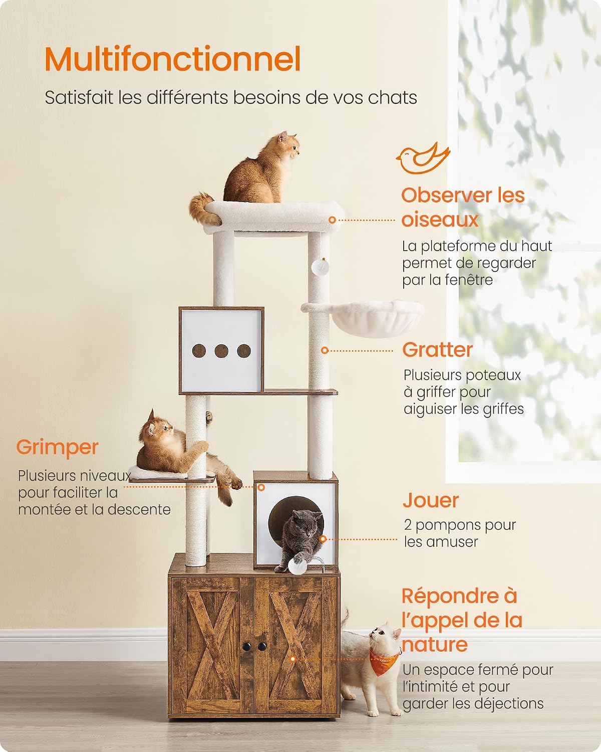 Detalle 2 de FEANDREA PCT116X01 krabpaal met kattenbak, 185 cm, vintage bruin