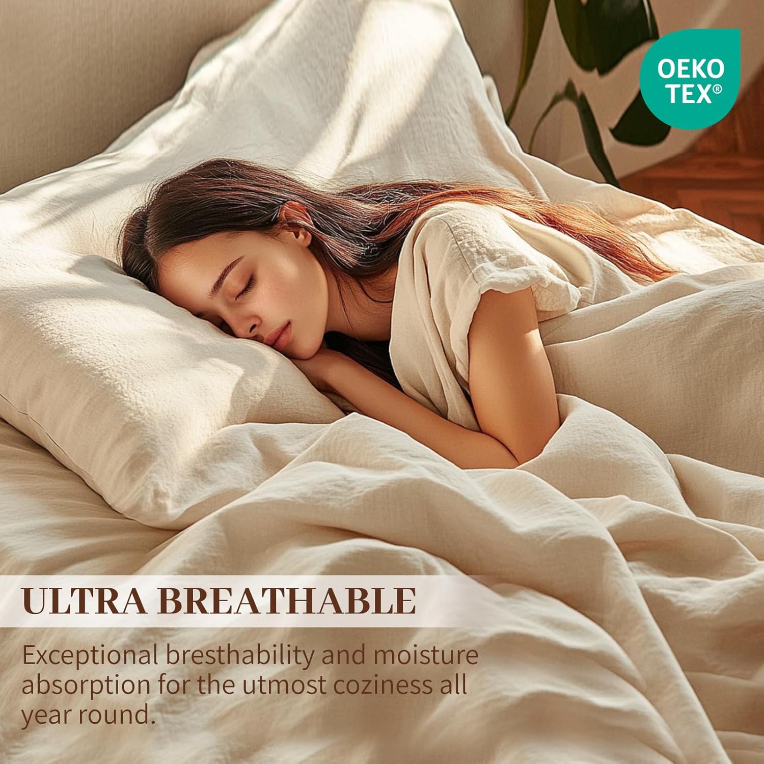 Thumbnail 2 de MEISHANG 100% French Pure Linen Sheets Queen Size (4-Piece Set) with 16" Deep Pocket