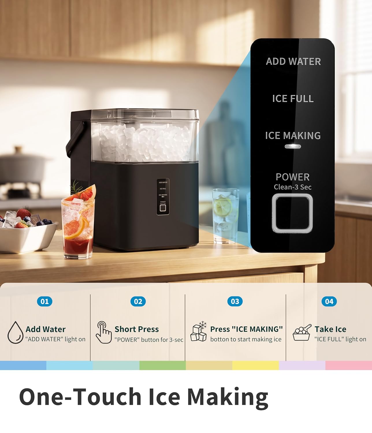 Detalle de COMFEE’ CERI33NB0ABB Countertop Nugget Ice Maker, Self-Cleaning, 33 lb Output