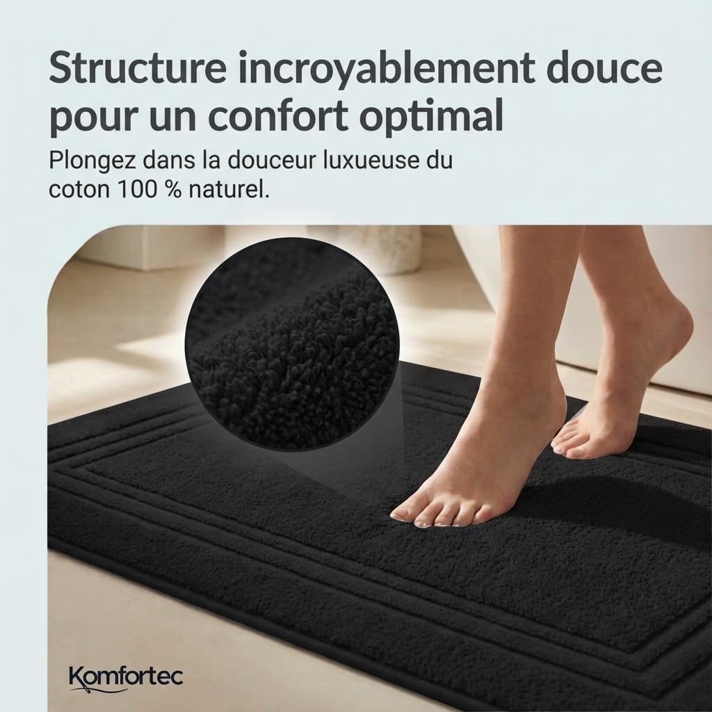 Thumbnail 1 de Komfortec Lot de 2 Tapis de Bain en coton absorbant 600 g/m², Noir 50 x 70 cm