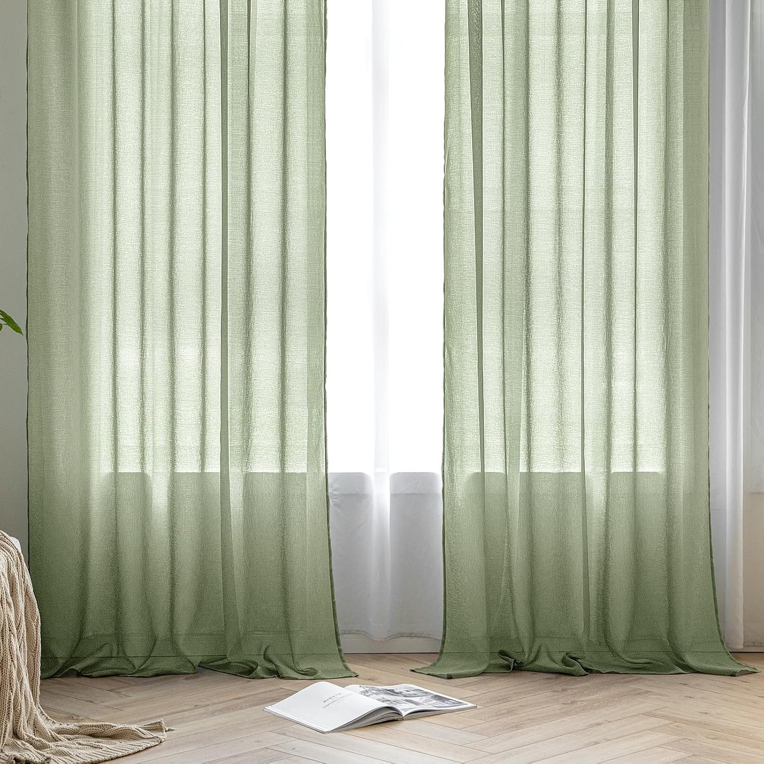 Thumbnail 3 de MIULEE Gardinen Vorhänge 2er Set mit Kräuselband, Weiß/Salbeigrün – 145 x 140 cm