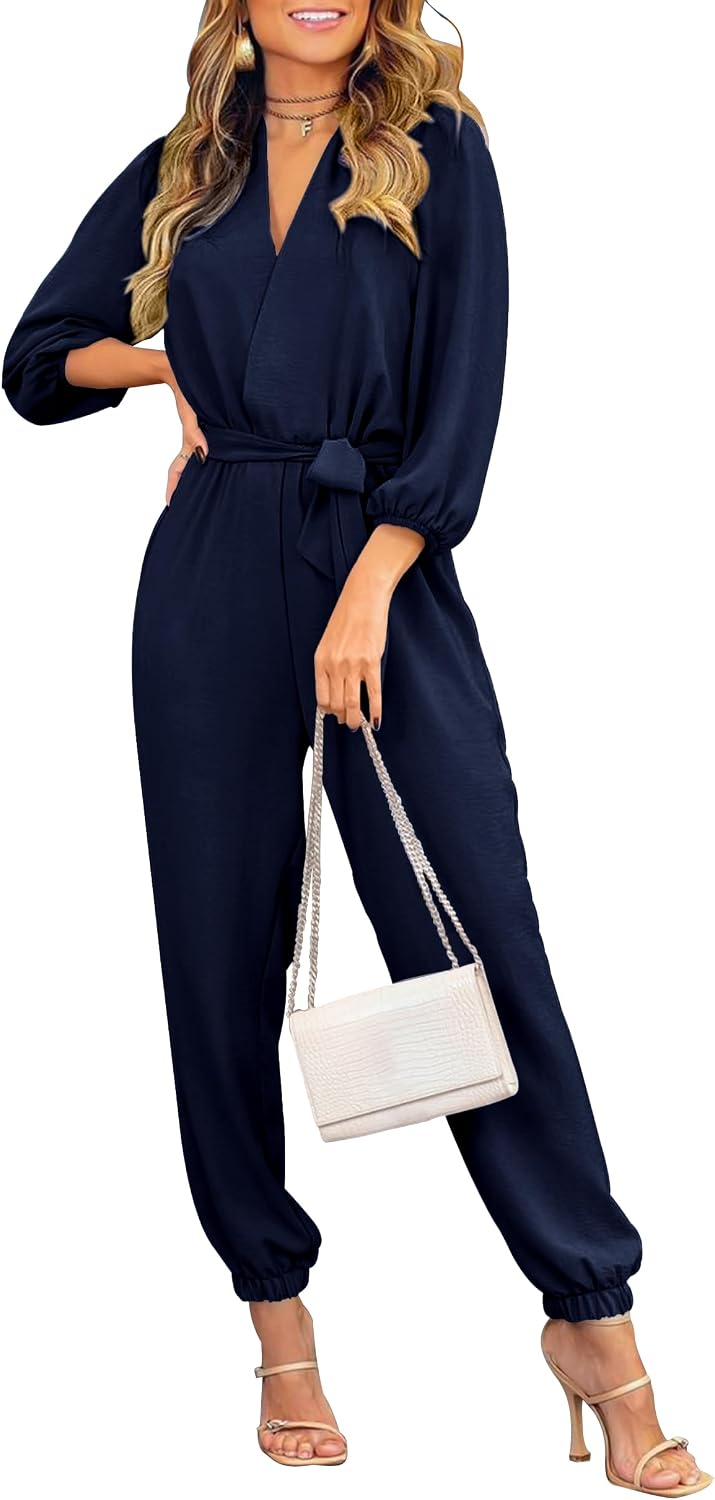 Detalle de PRETTYGARDEN Women’s Fall Jumpsuit Dressy Casual Romper with V-Neck, Belt & Pockets