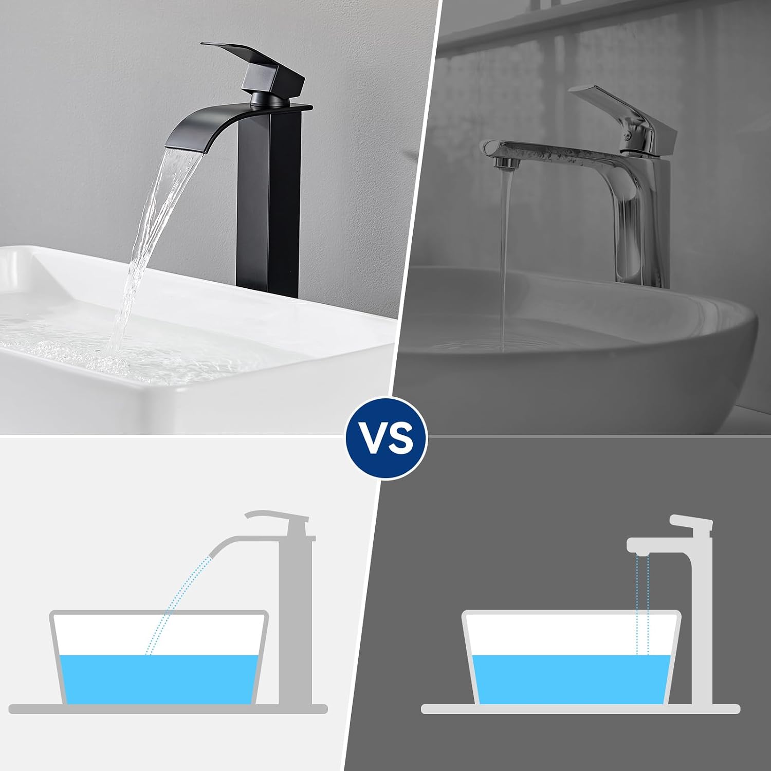 Detalle de CECIPA Alto Rubinetto Bagno Lavabo Nero a Cascata – Altezza beccuccio 245 mm, ottone e acciaio inox