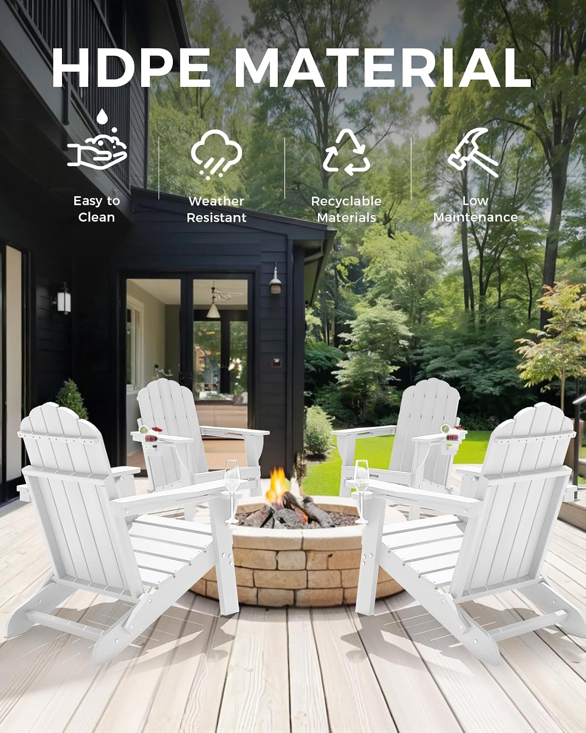 Detalle 2 de Eesdom Folding Adirondack Chair, White Wood-Grain Finish, 2 Cup Holders
