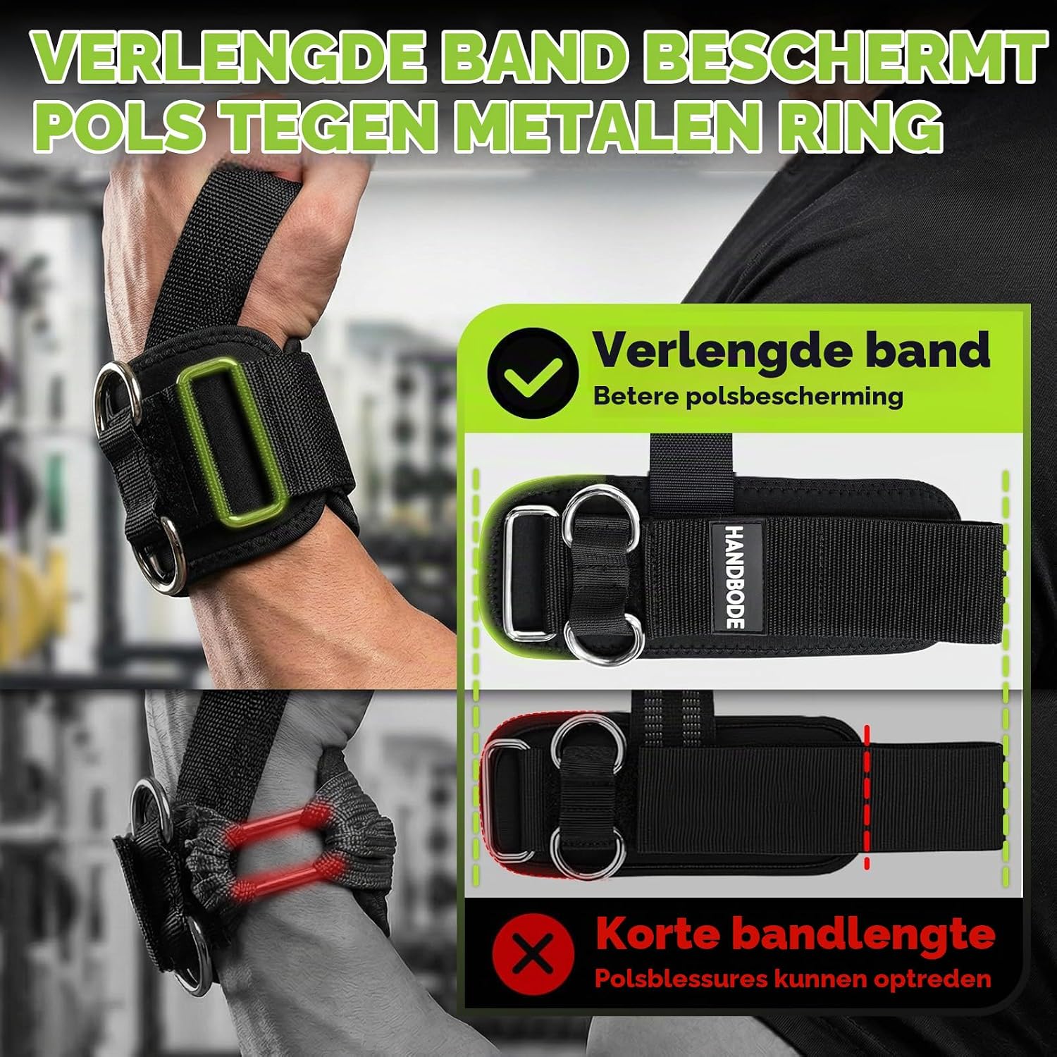 Detalle de HANDBODE hefbanden met dubbele D-ringen voor halter- en kabeltraining