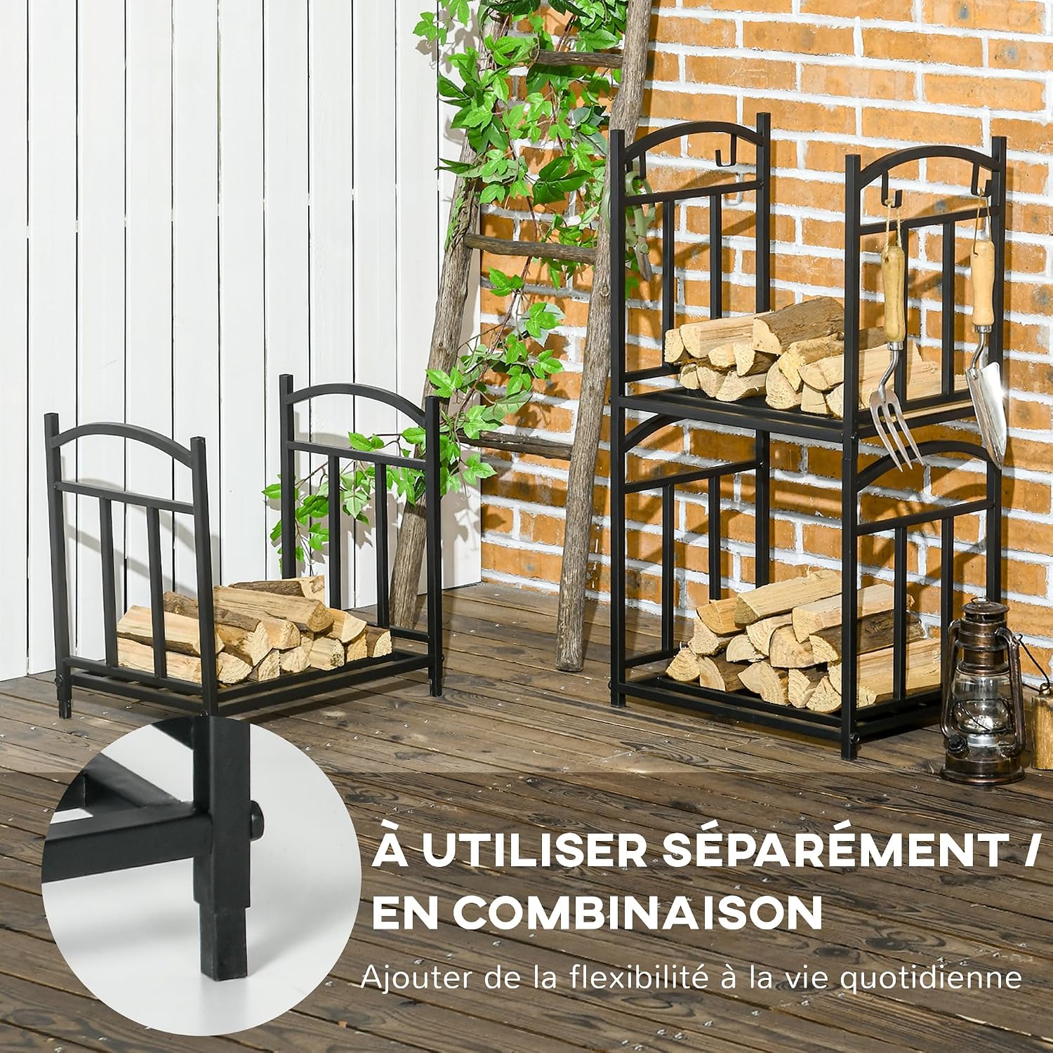 Detalle de Outsunny 842-322V00BK modulaire houthouder van metaal, 46 x 32 x 126 cm